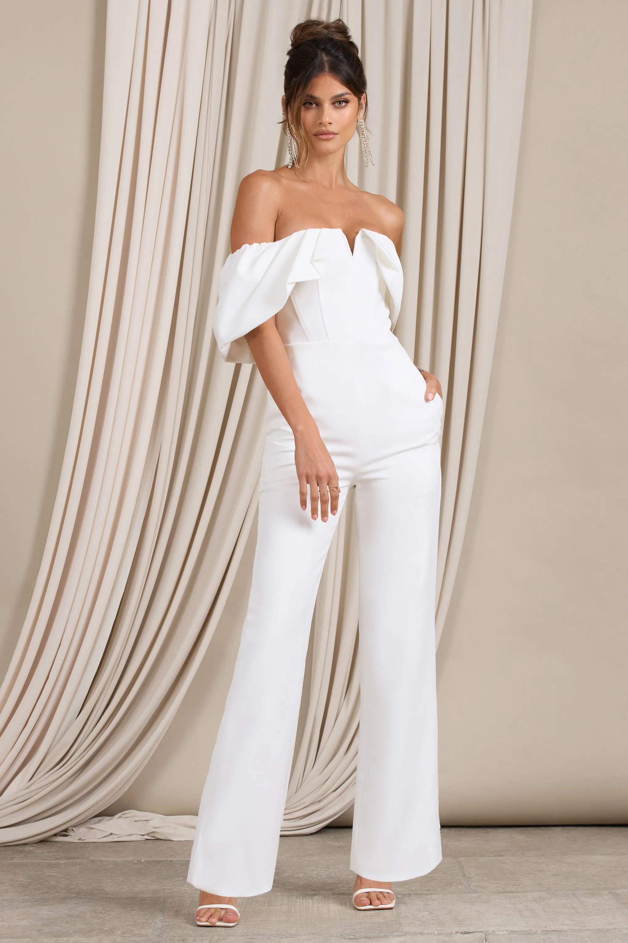 Time Will Tell | White Off The Shoulder Wide Leg Jumpsuit sold by Club L London product image thumbnail 4