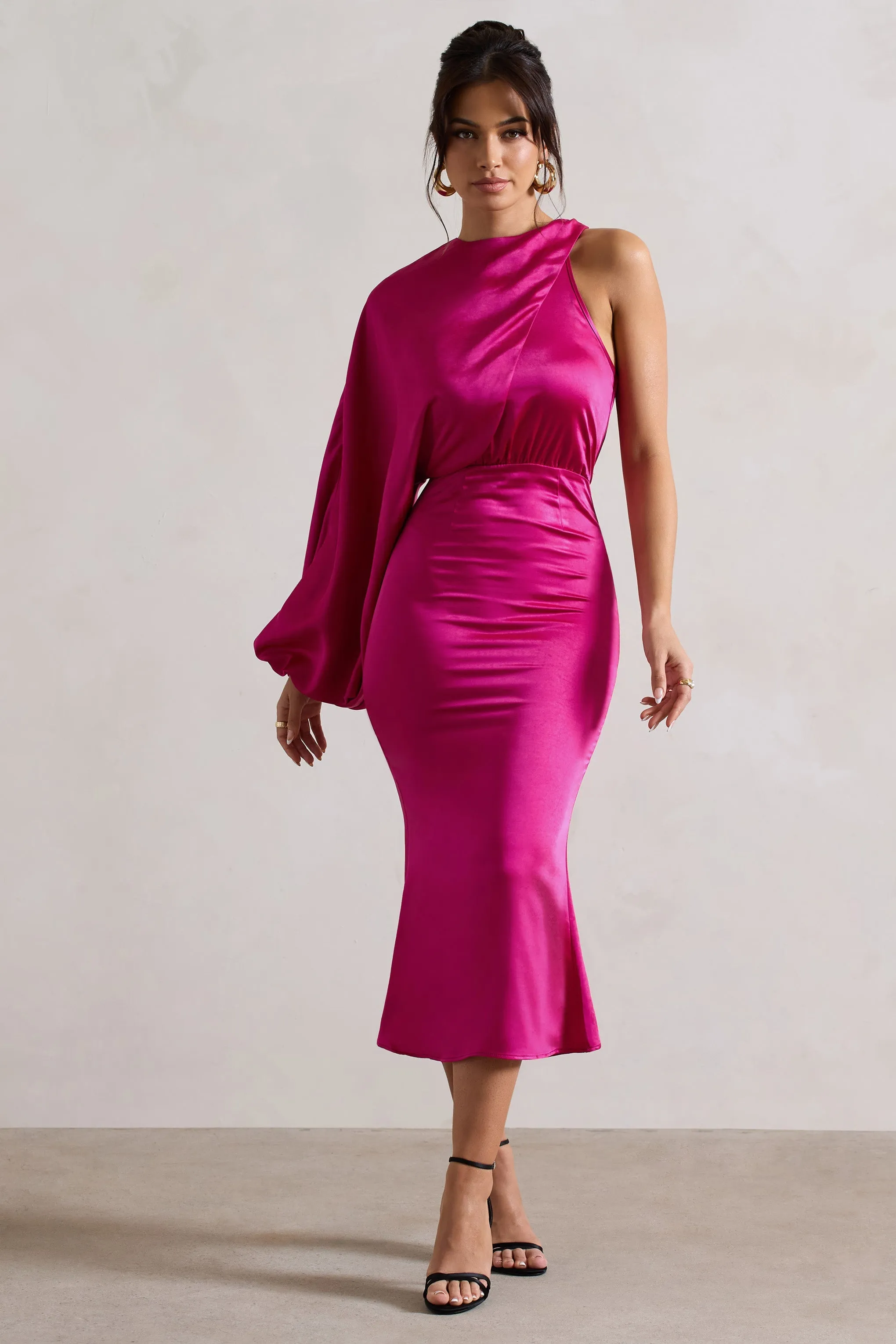 Nola | Dark Pink Satin One-Sleeve Midi Dress sold by Club L London