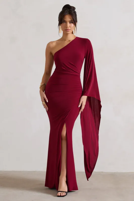 Giada | Berry Ruched One Shoulder Cape Sleeve Maxi Dress sold by Club L London