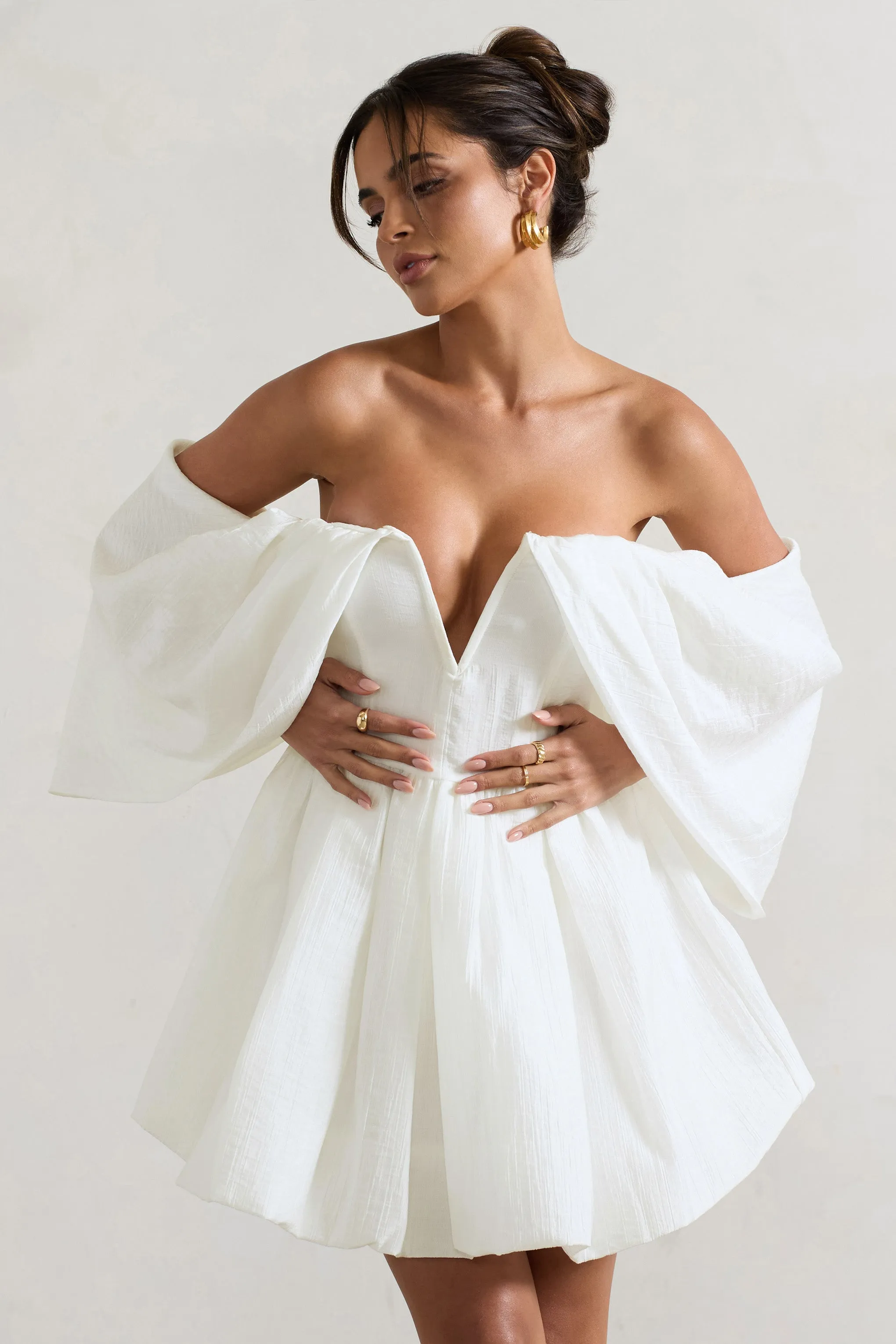 Marbella | Ecru Draped Bardot Skater Mini Dress sold by Club L London product image thumbnail 3