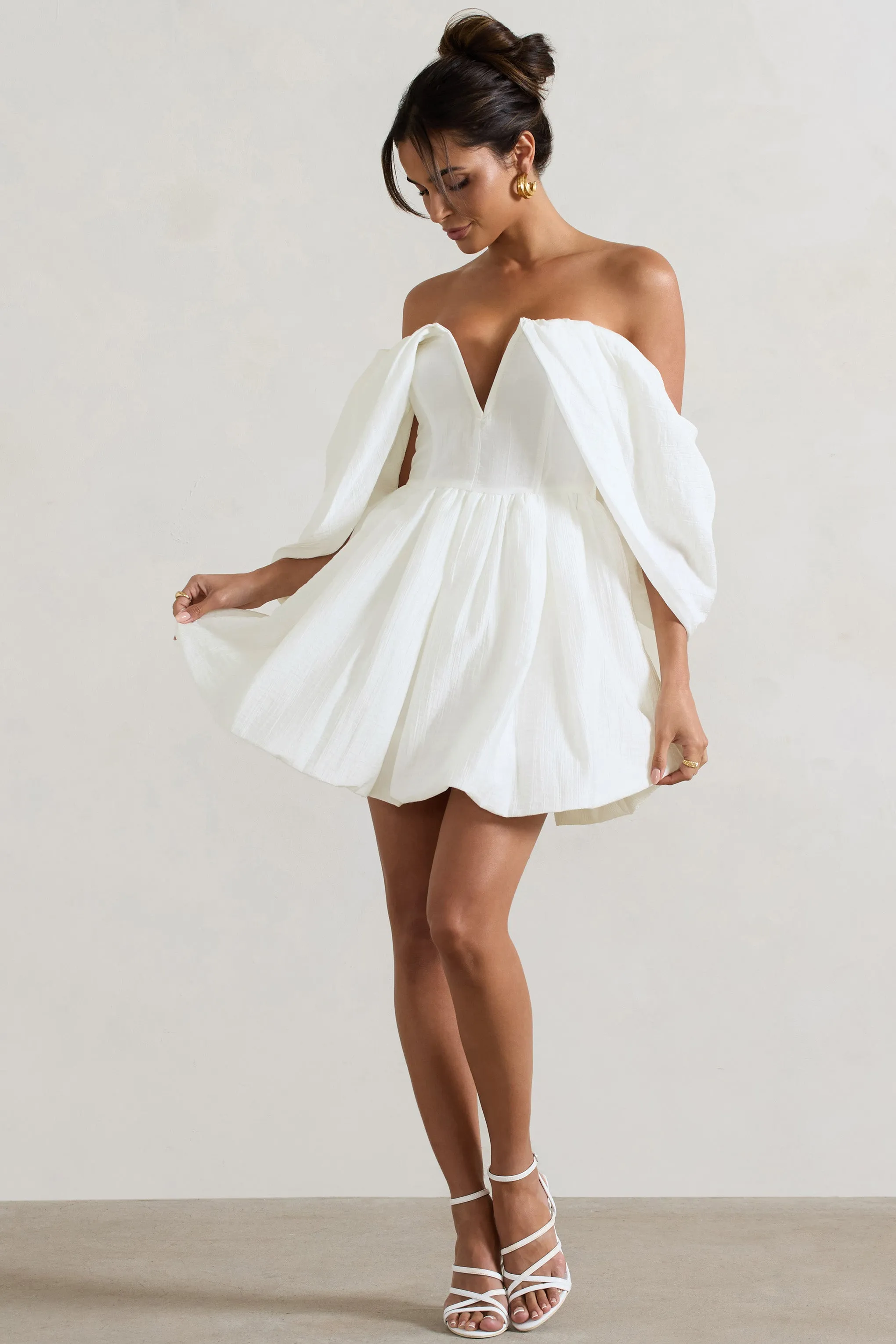 Marbella | Ecru Draped Bardot Skater Mini Dress sold by Club L London product image thumbnail 4