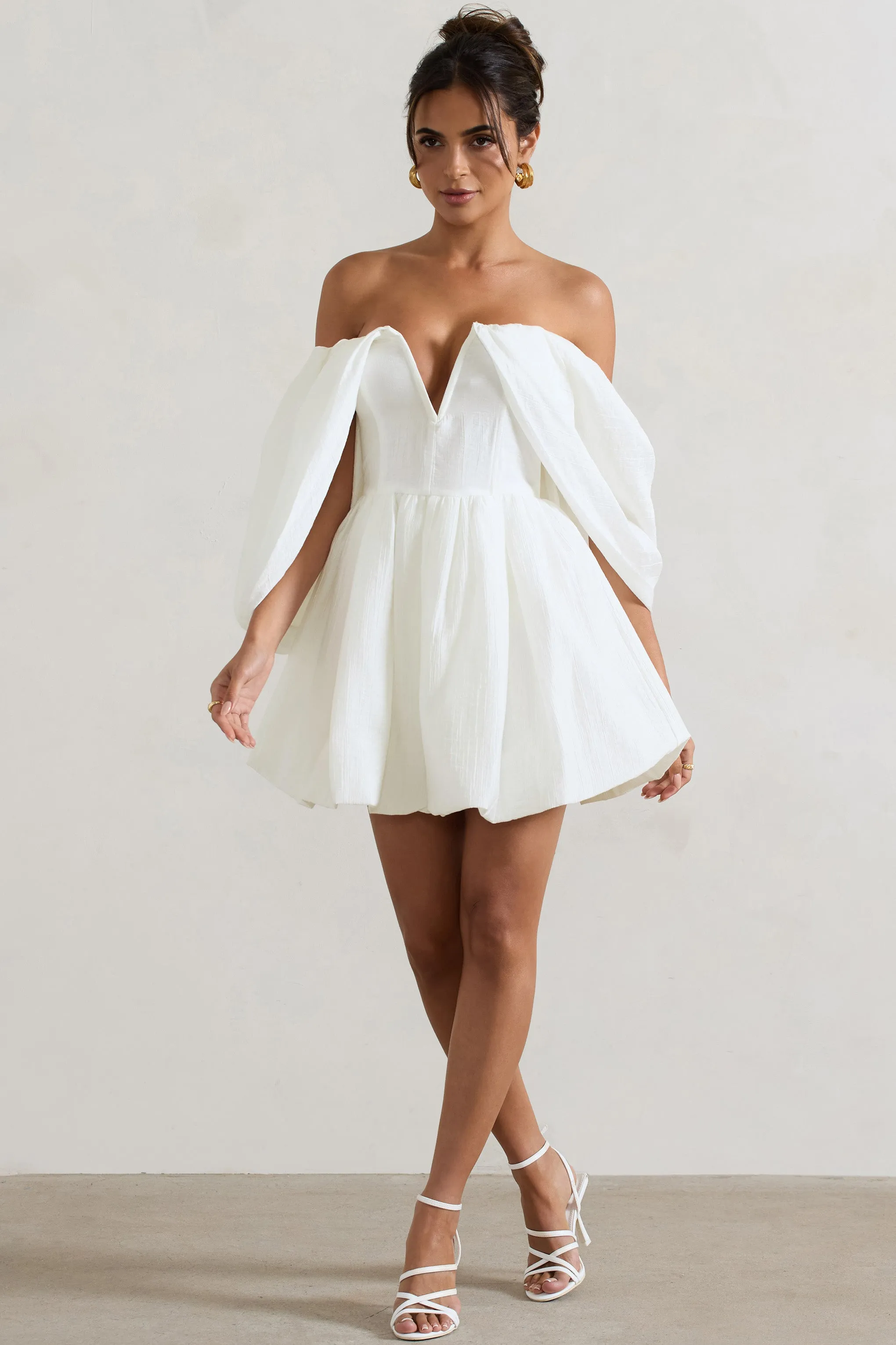 Marbella | Ecru Draped Bardot Skater Mini Dress sold by Club L London