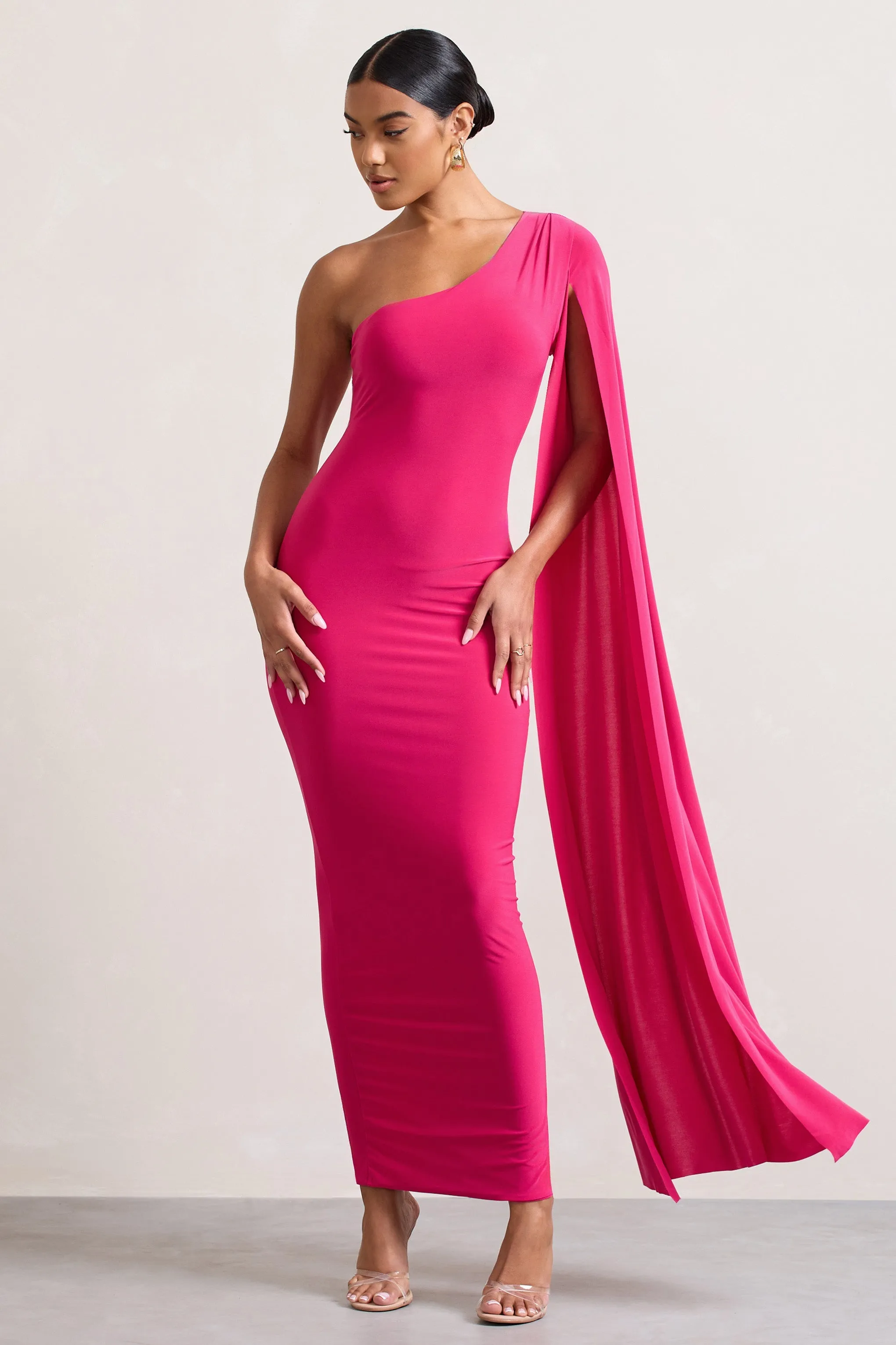 Dominique | Hot Pink One Shoulder Cape Sleeve Bodycon Maxi Dress sold by Club L London product image thumbnail 4