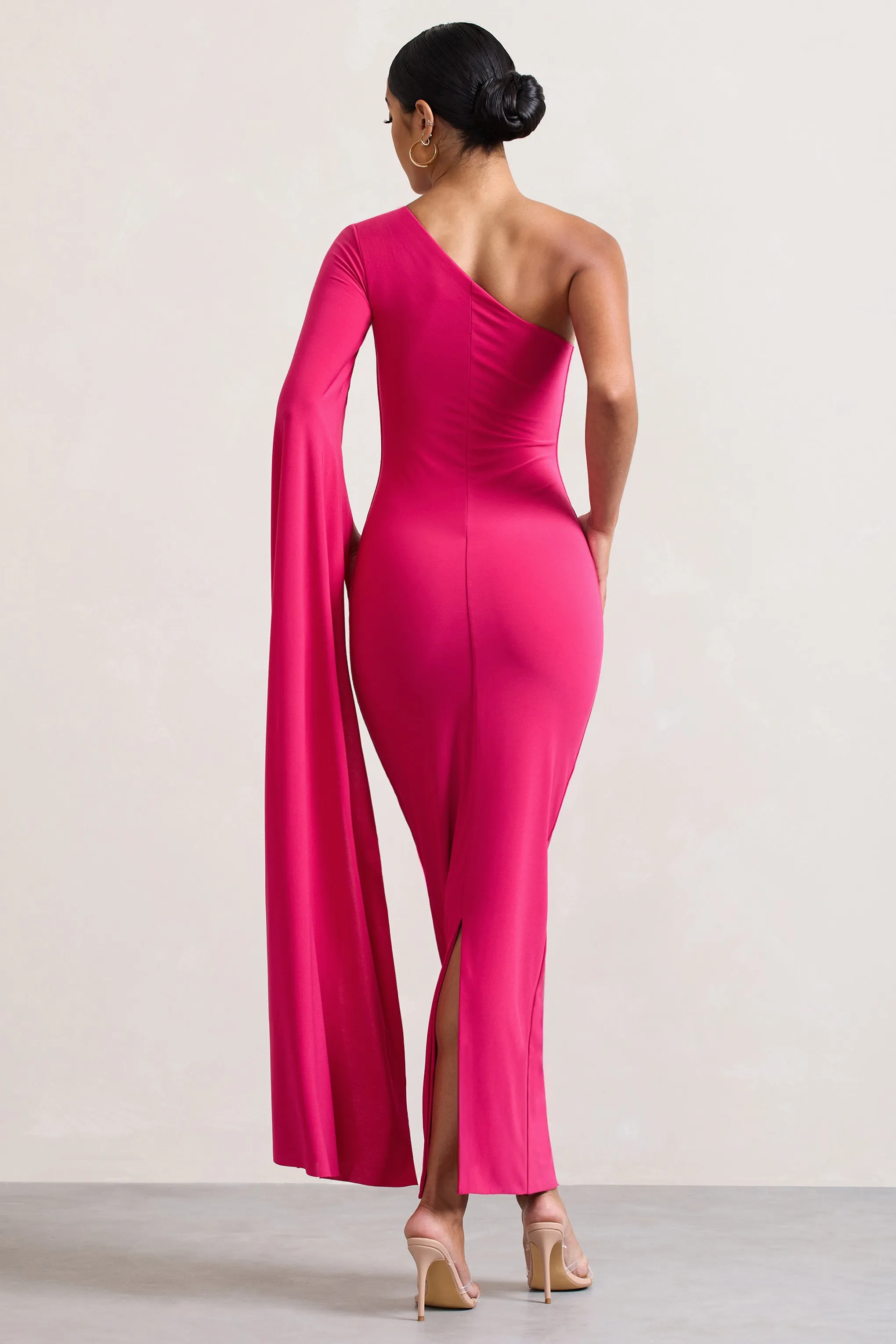 Dominique | Hot Pink One Shoulder Cape Sleeve Bodycon Maxi Dress sold by Club L London product image thumbnail 2