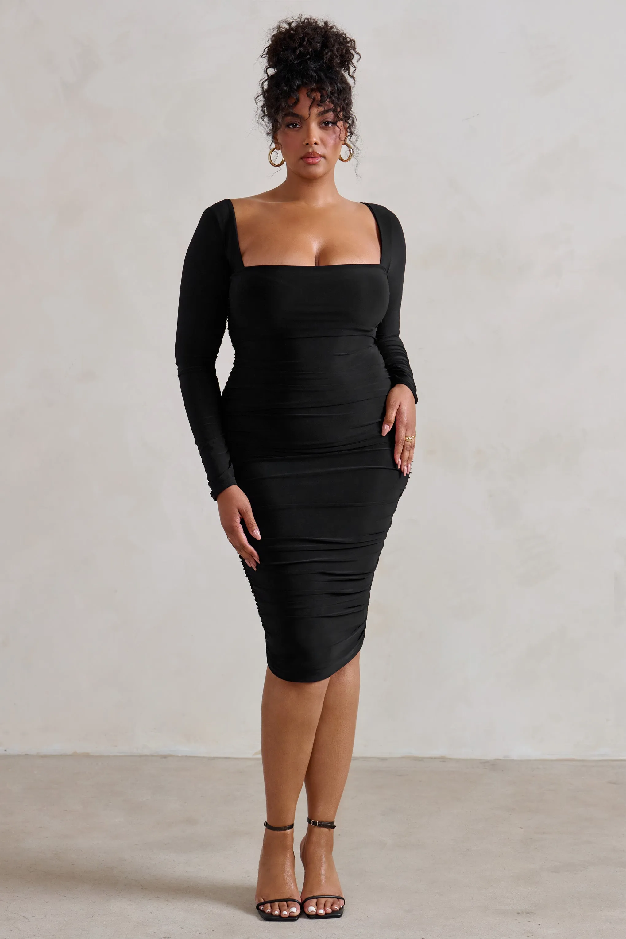 Seductress | Black Long Sleeve Square Neck Ruched Midi Dress sold by Club L London product image thumbnail 2