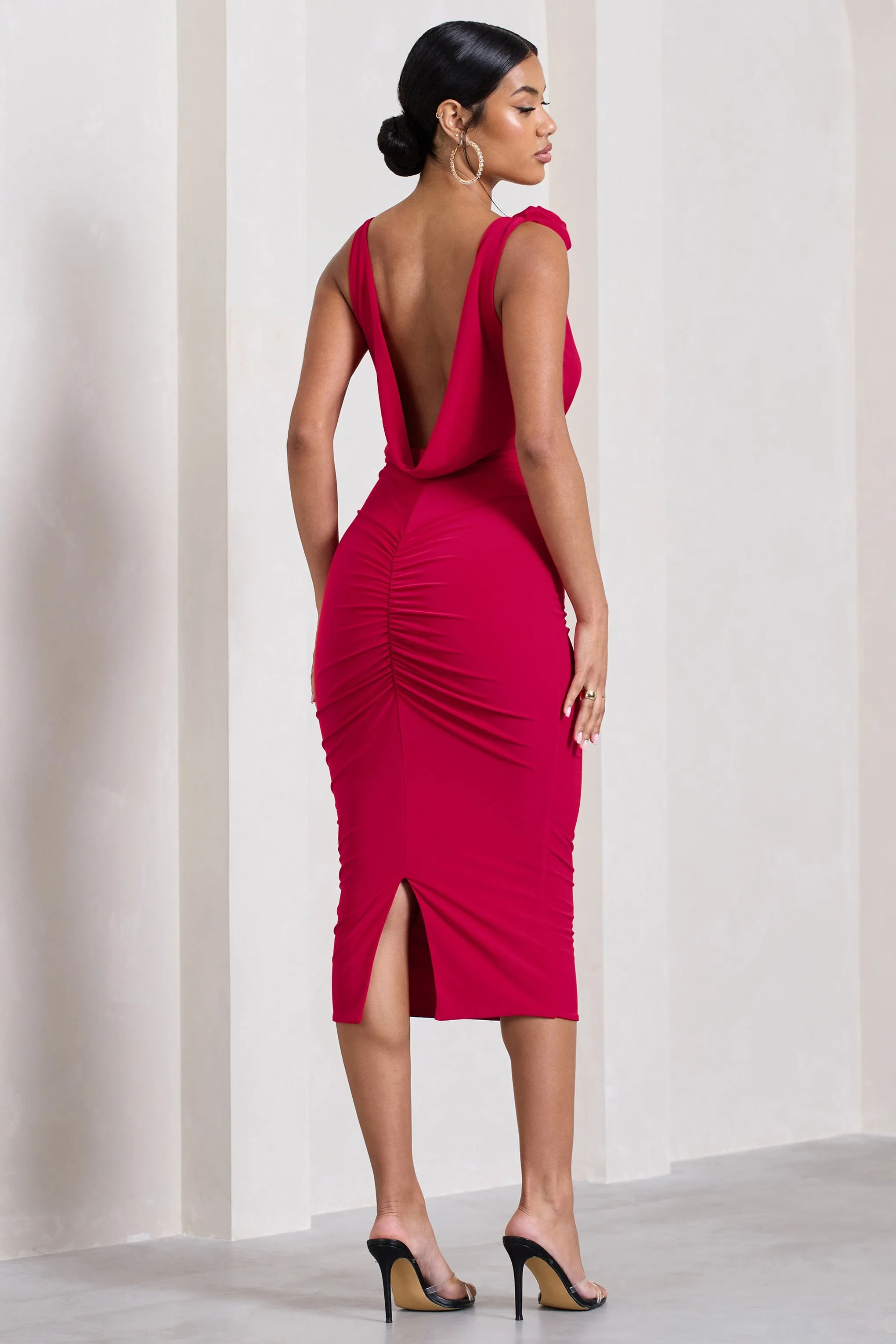Rosy | Red Cowl-Neck Midi Dress With Floral Corsages sold by Club L London product image thumbnail 2