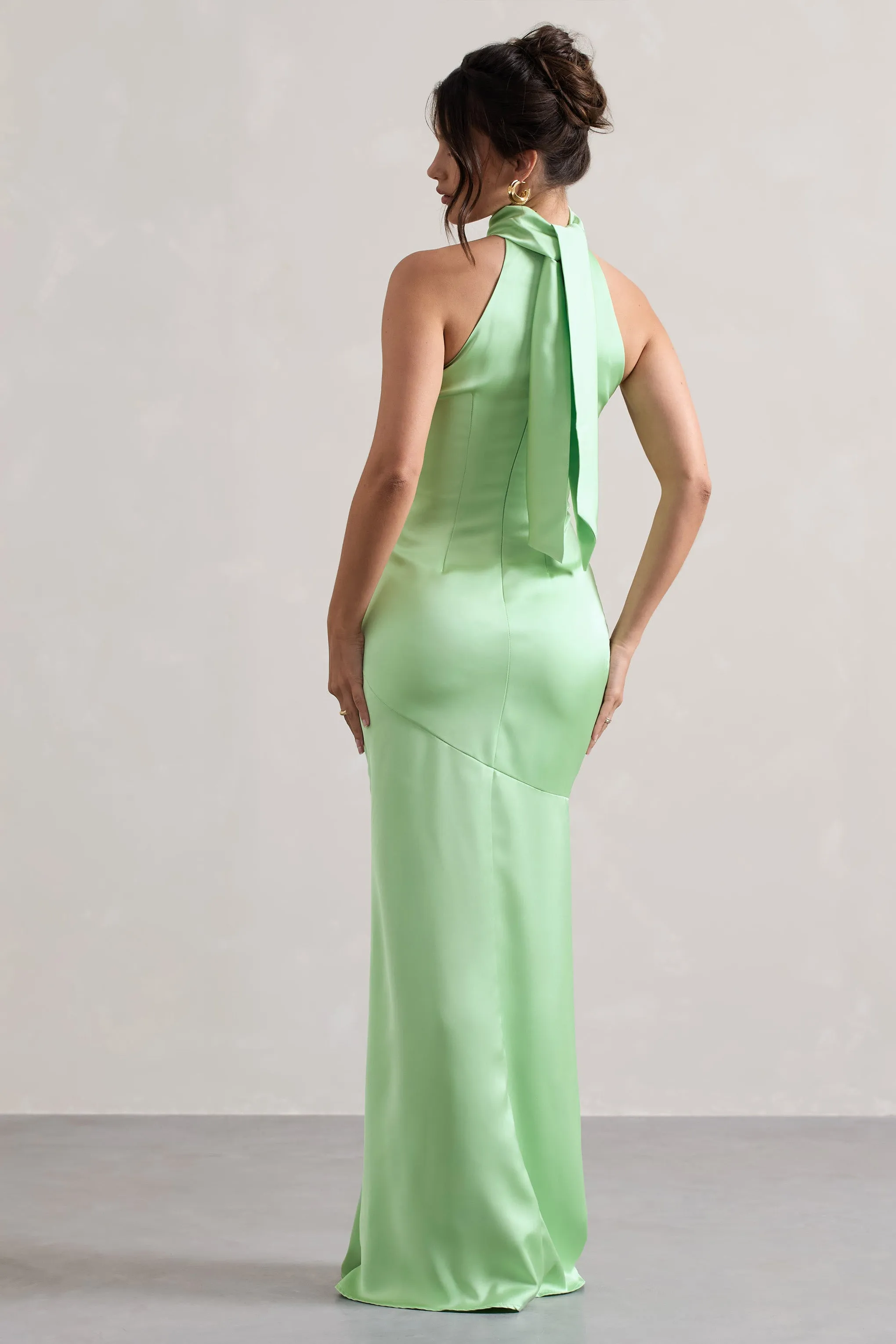 Adoria | Light Green Satin High-Neck Maxi Dress sold by Club L London product image thumbnail 5