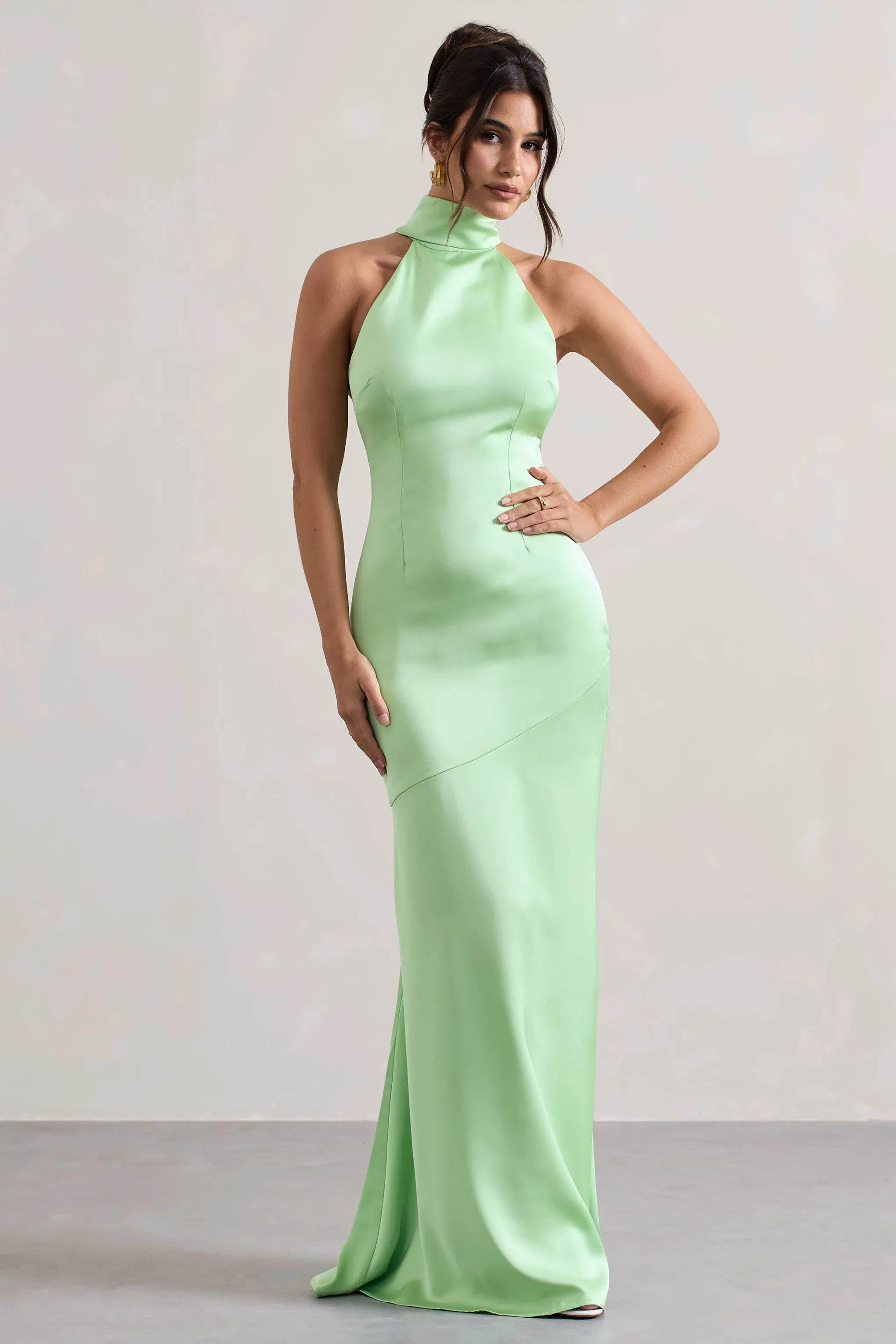 Adoria | Light Green Satin High-Neck Maxi Dress sold by Club L London product image thumbnail 2