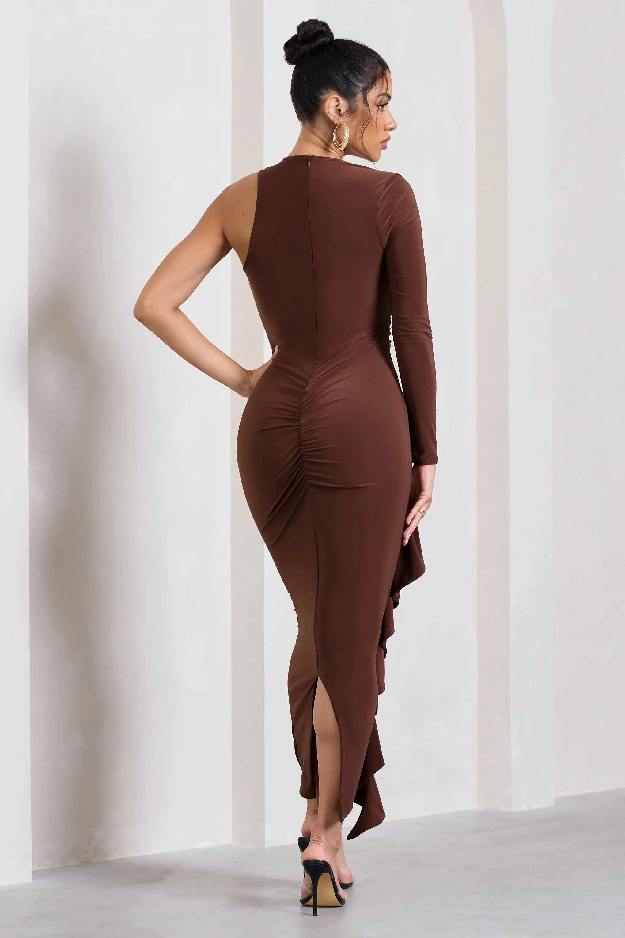 Compass | Brown One-Sleeved Cut-Out Maxi Dress With Ruffle sold by Club L London product image thumbnail 2