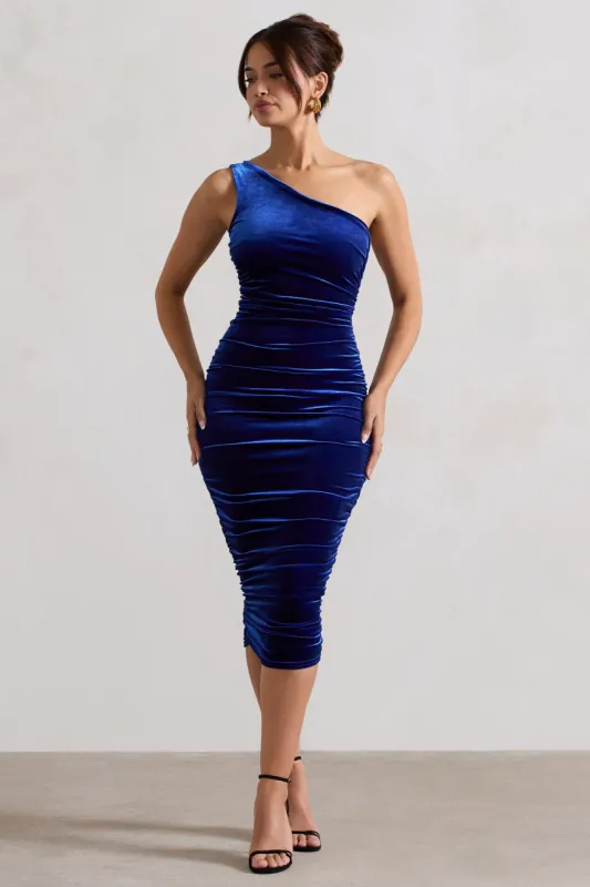 Back For More | Cobalt Blue One Shoulder Ruched Midi Dress sold by Club L London