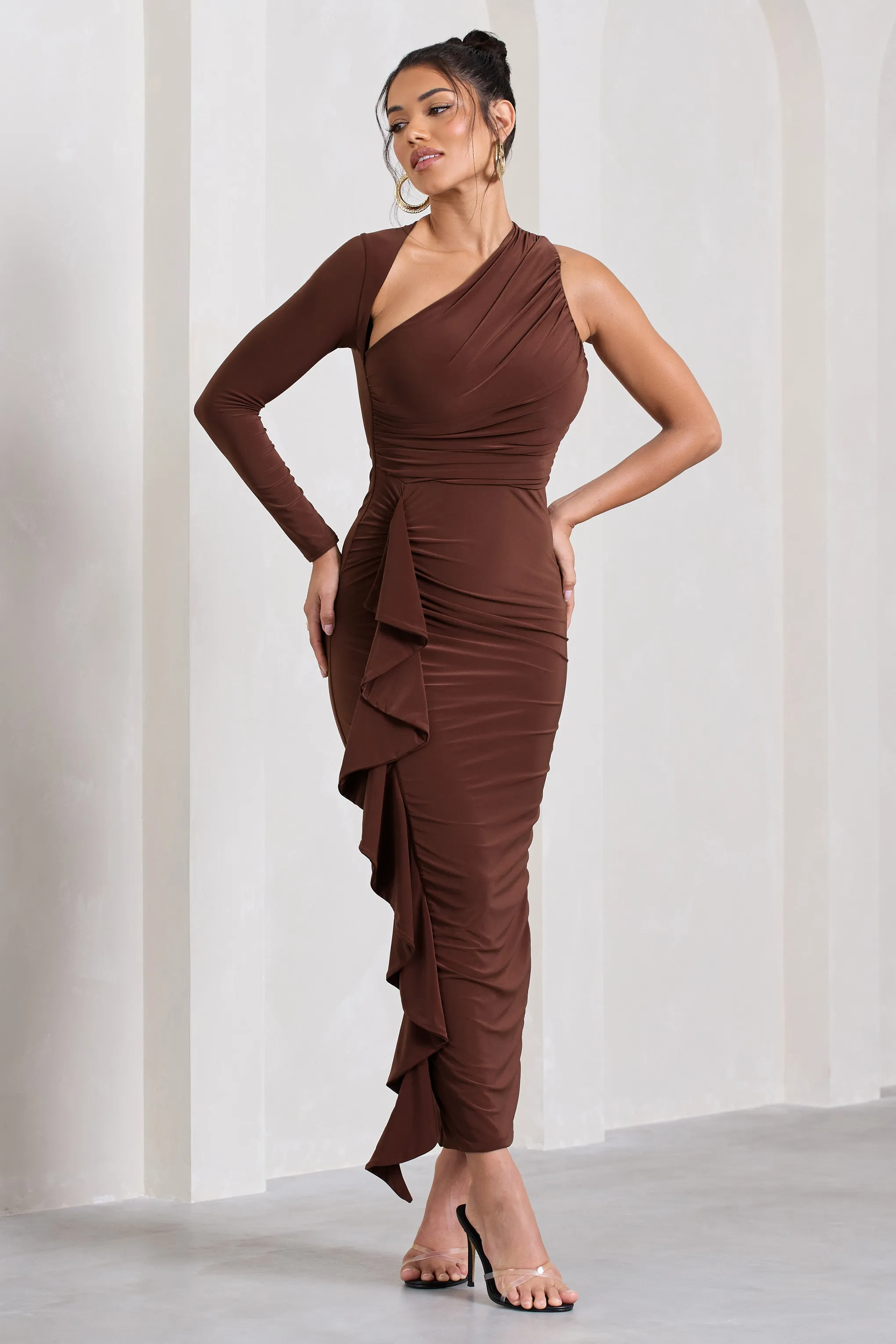 Compass | Brown One-Sleeved Cut-Out Maxi Dress With Ruffle sold by Club L London