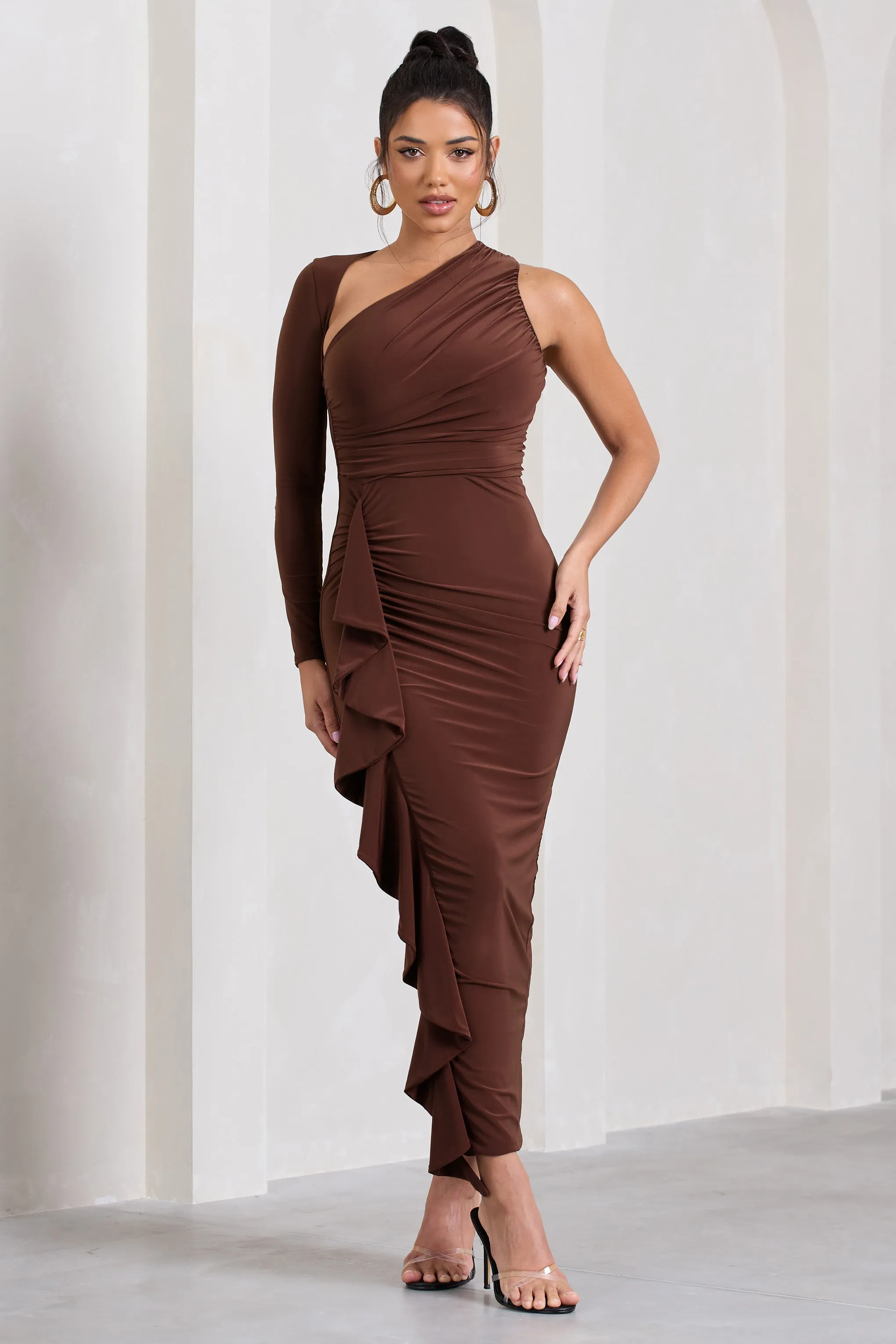 Compass | Brown One-Sleeved Cut-Out Maxi Dress With Ruffle sold by Club L London product image thumbnail 4