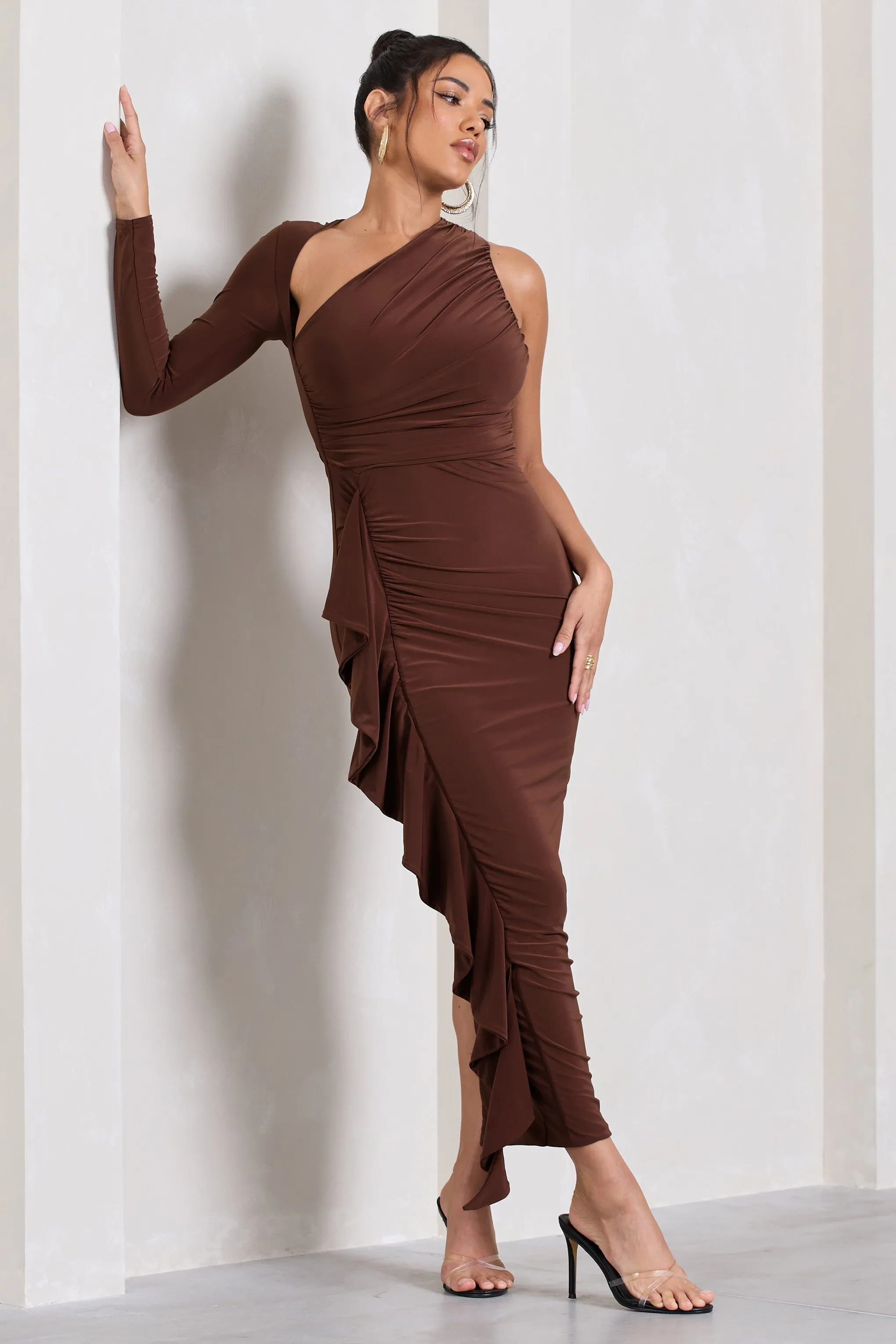 Compass | Brown One-Sleeved Cut-Out Maxi Dress With Ruffle sold by Club L London product image thumbnail 3