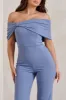 Zoey | Blue Bardot Bow Detail Jumpsuit sold by Club L London