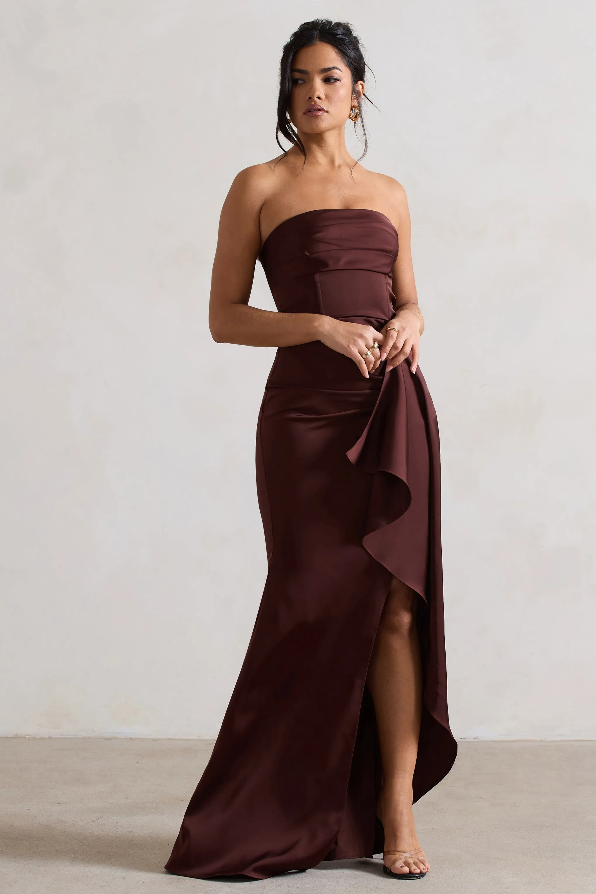 Ace | Chocolate Brown Satin Bandeau Split Maxi Dress With Ruffle Drape sold by Club L London product image thumbnail 4