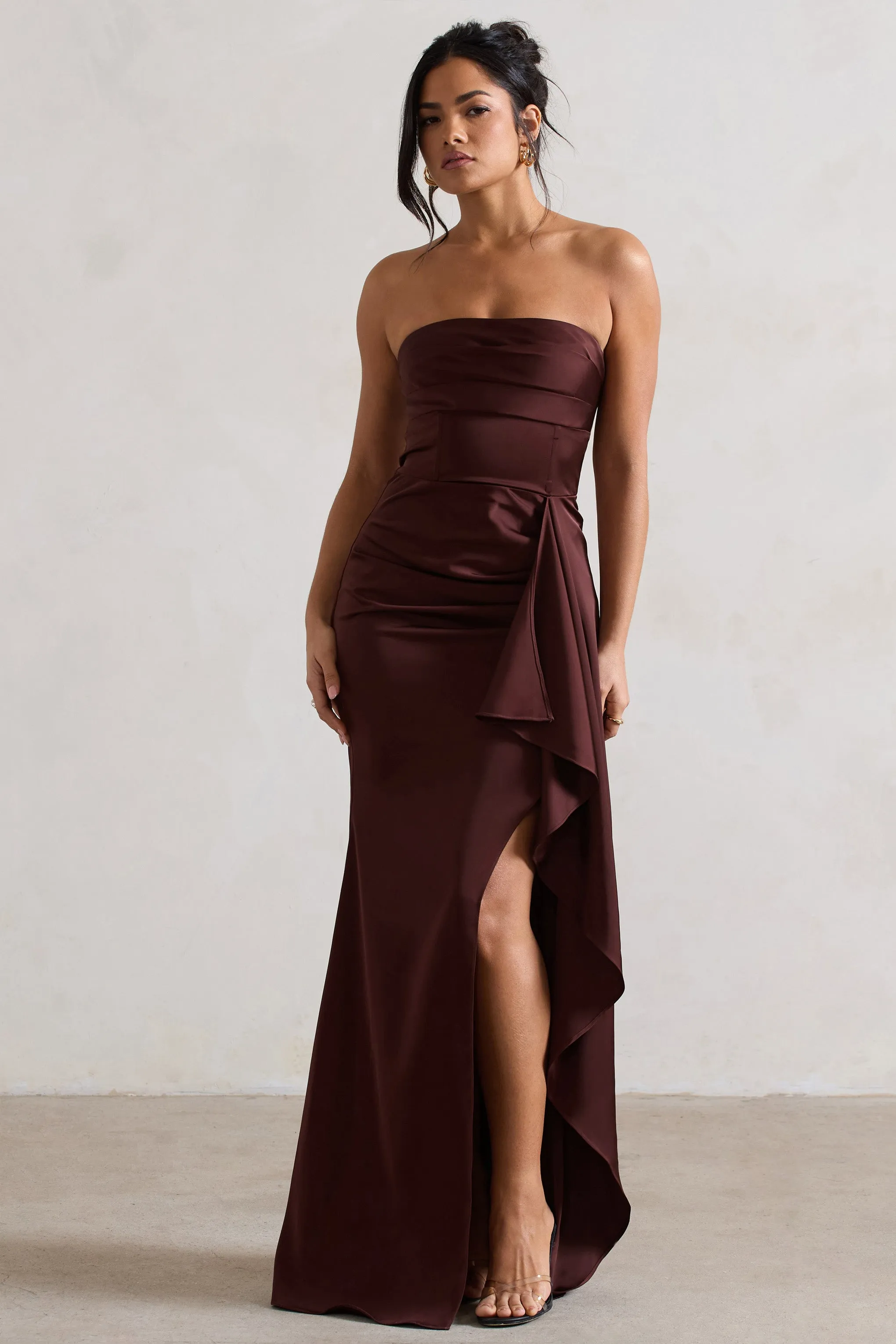 Ace | Chocolate Brown Satin Bandeau Split Maxi Dress With Ruffle Drape sold by Club L London