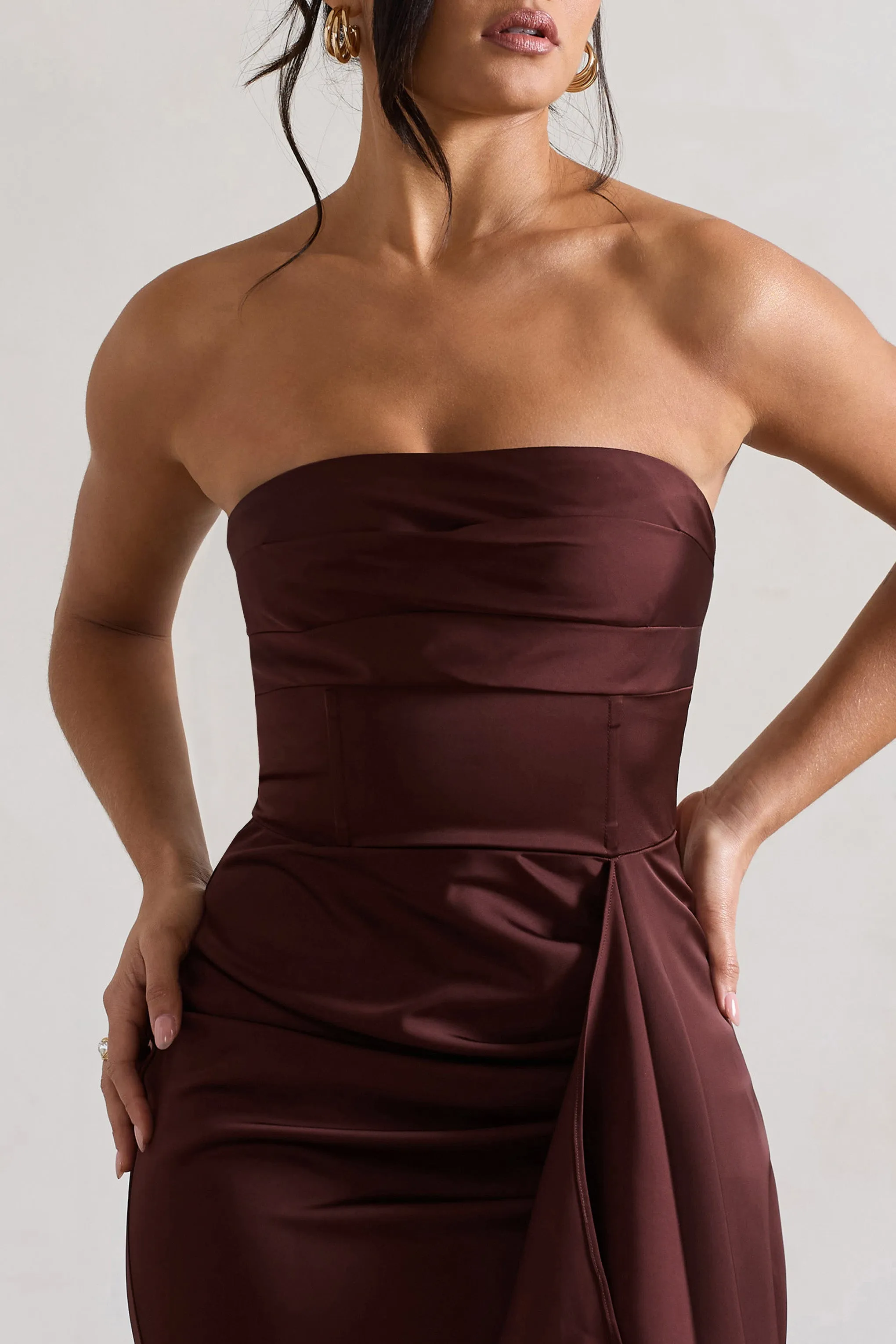 Ace | Chocolate Brown Satin Bandeau Split Maxi Dress With Ruffle Drape sold by Club L London product image thumbnail 3