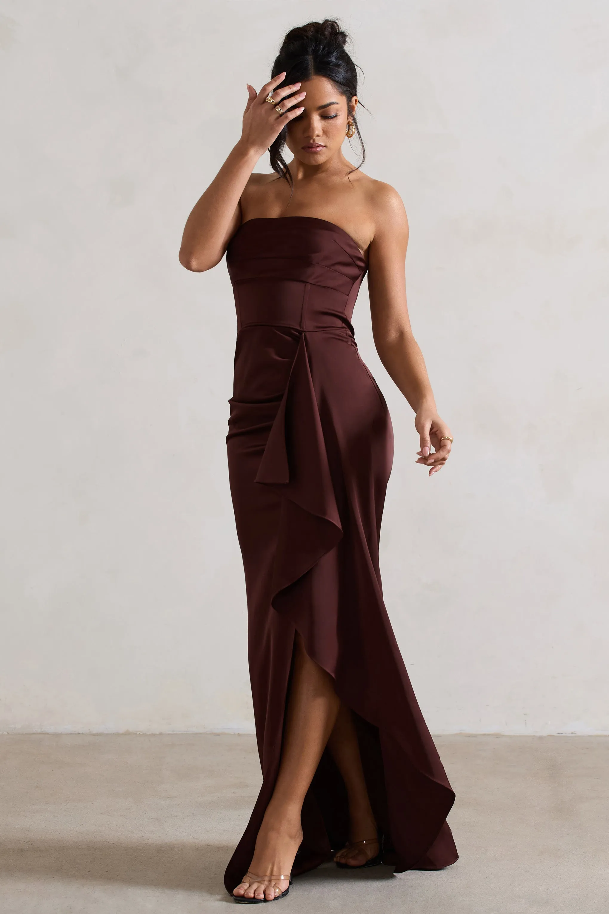 Ace | Chocolate Brown Satin Bandeau Split Maxi Dress With Ruffle Drape sold by Club L London product image thumbnail 5