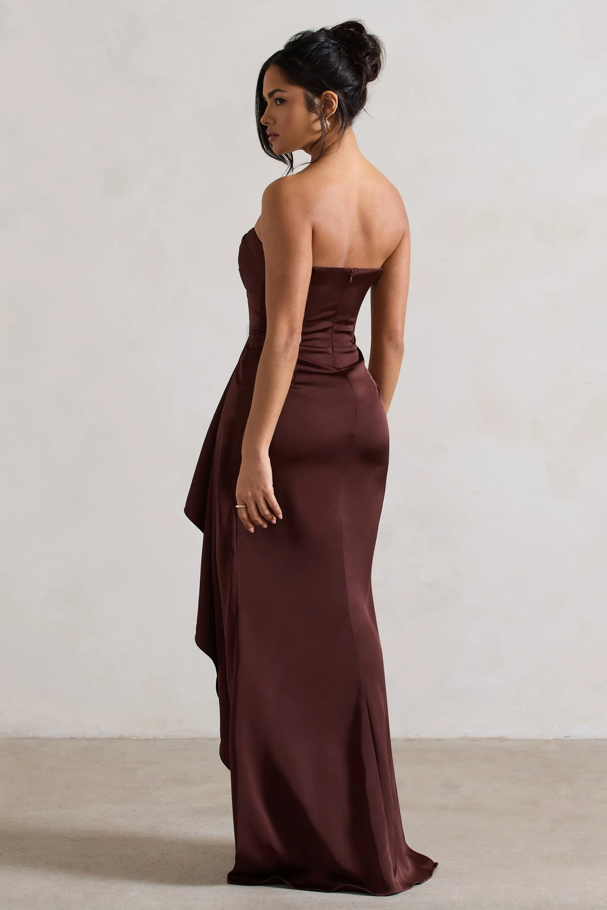 Ace | Chocolate Brown Satin Bandeau Split Maxi Dress With Ruffle Drape sold by Club L London product image thumbnail 2