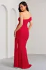Aaliyah | Red Asymmetric Bardot Maxi Dress with Drape sold by Club L London