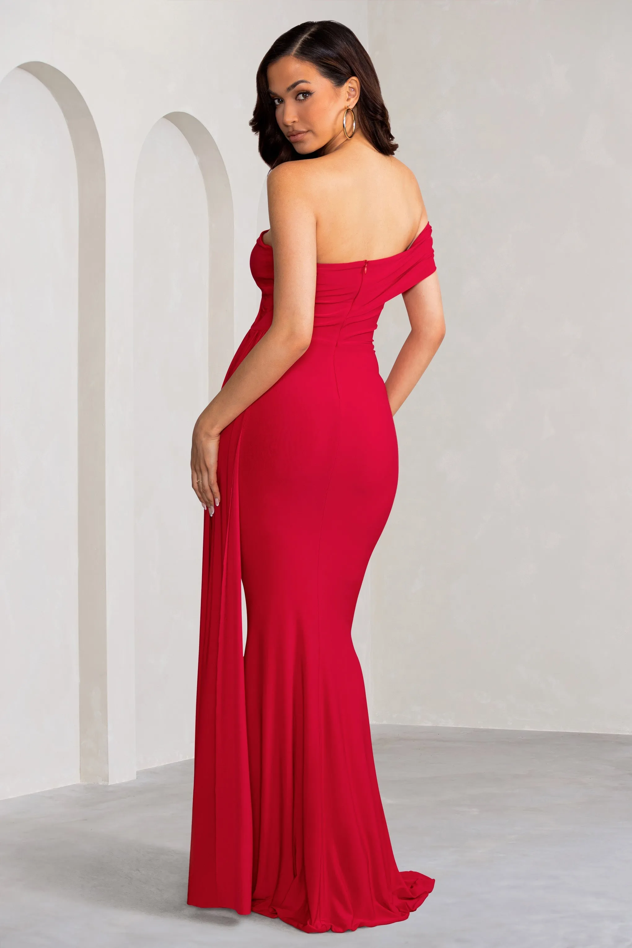 Aaliyah | Red Asymmetric Bardot Maxi Dress with Drape sold by Club L London product image thumbnail 2