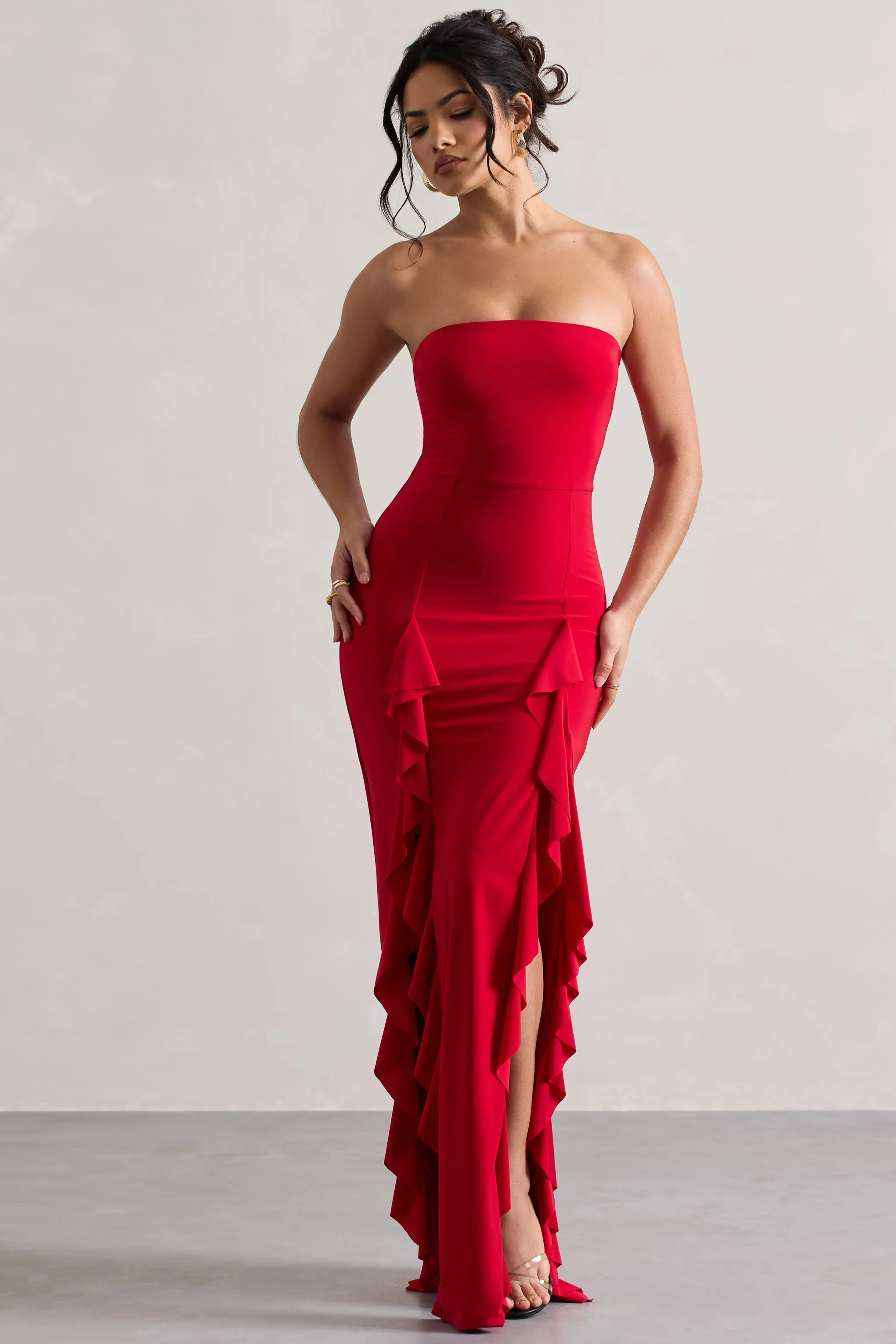 Susan | Red Bandeau Maxi Dress With Ruffled Splits sold by Club L London