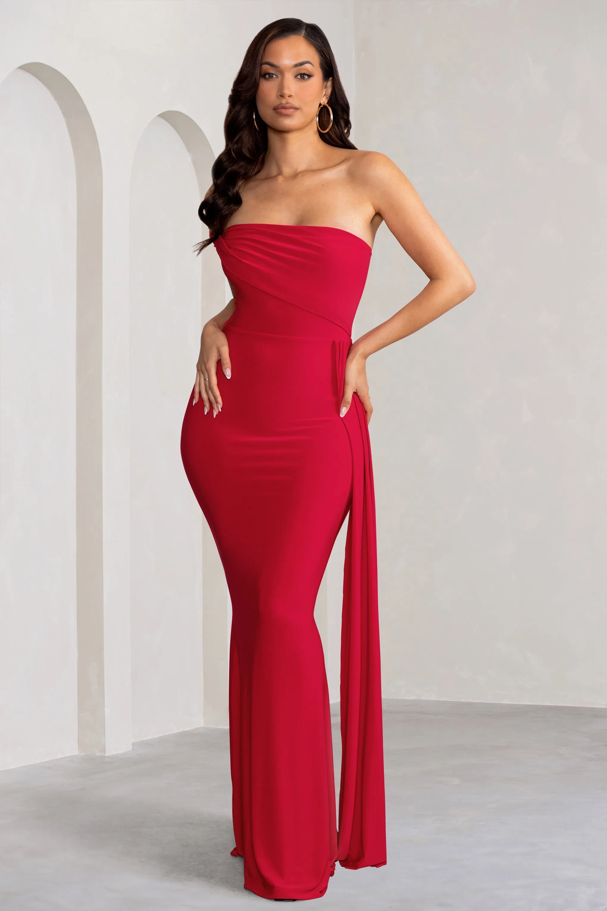 Aaliyah | Red Asymmetric Bardot Maxi Dress with Drape sold by Club L London product image thumbnail 5