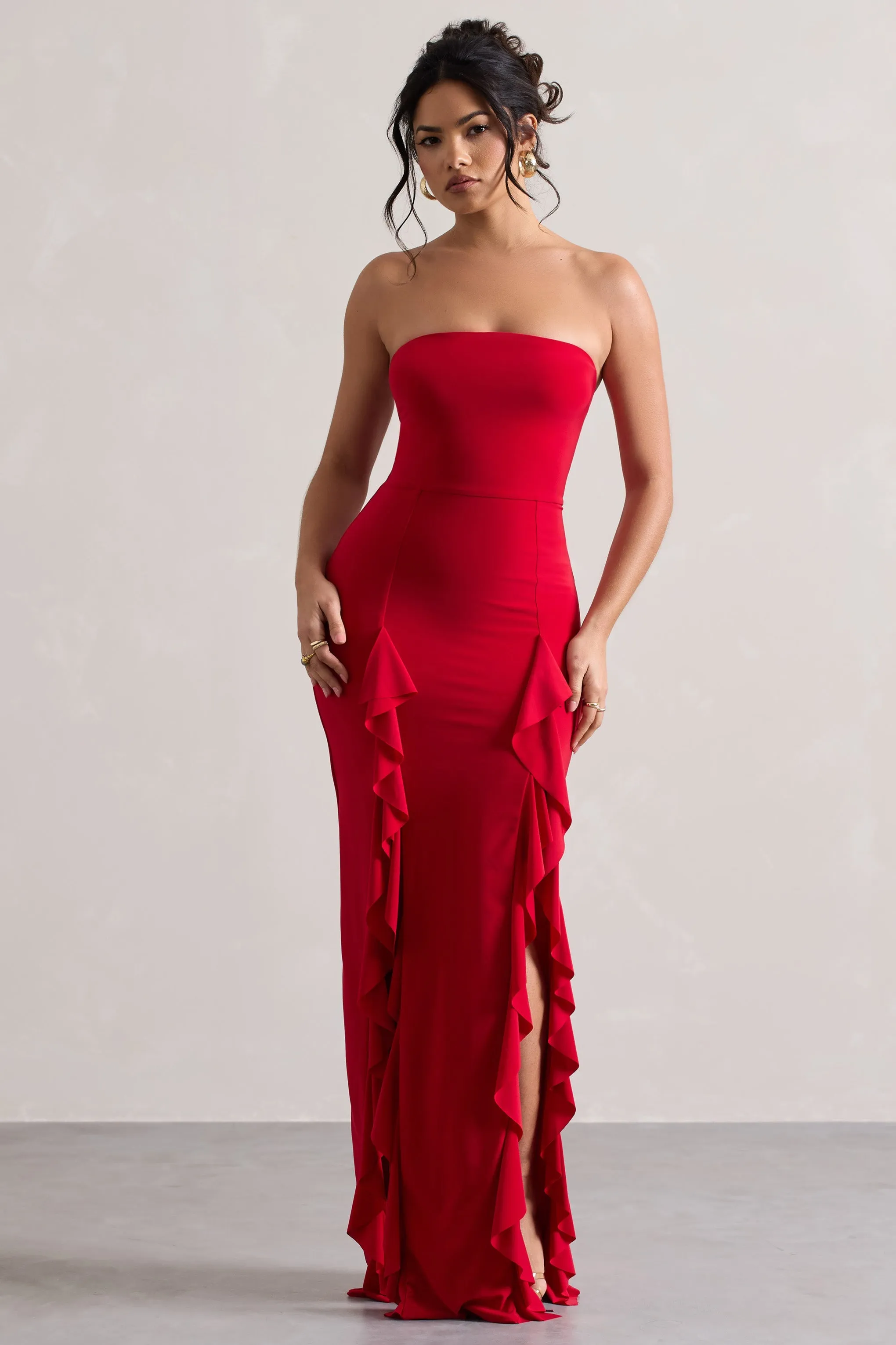 Susan | Red Bandeau Maxi Dress With Ruffled Splits sold by Club L London product image thumbnail 4