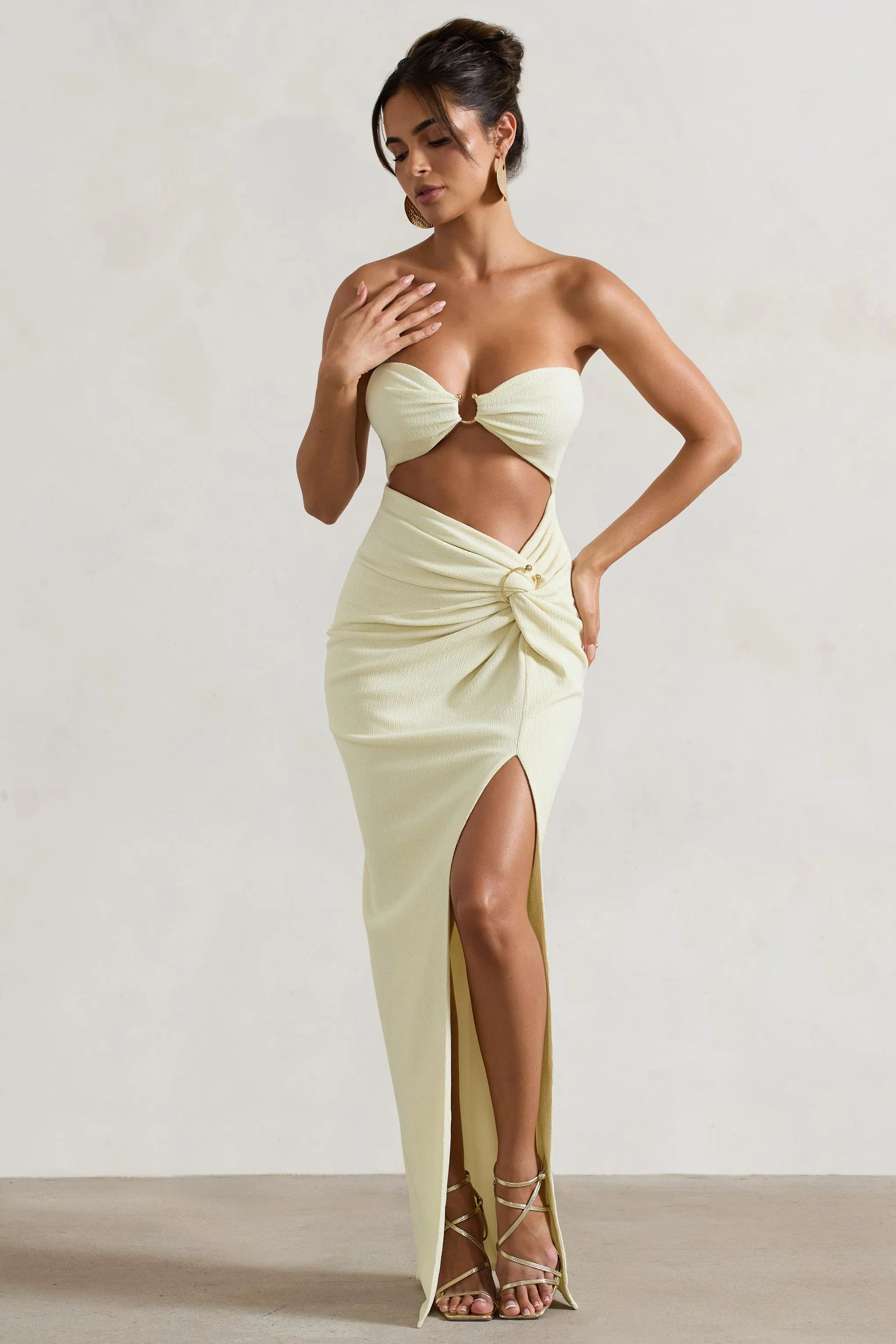 Cancun | Ecru Crinkle Strapless Cut-Out Maxi Dress With Twist sold by Club L London product image thumbnail 5