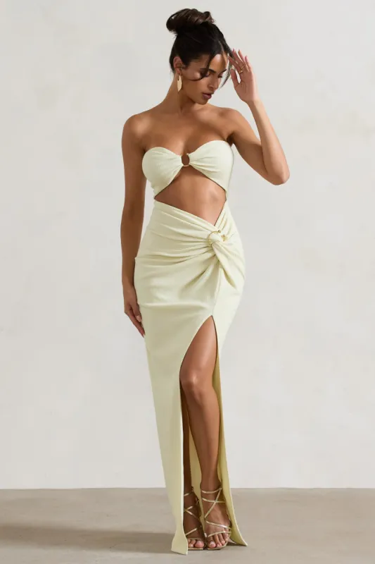 Cancun | Ecru Crinkle Strapless Cut-Out Maxi Dress With Twist made by Club L London