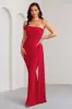 Aaliyah | Red Asymmetric Bardot Maxi Dress with Drape sold by Club L London