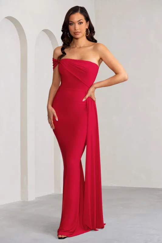 Aaliyah | Red Asymmetric Bardot Maxi Dress with Drape sold by Club L London