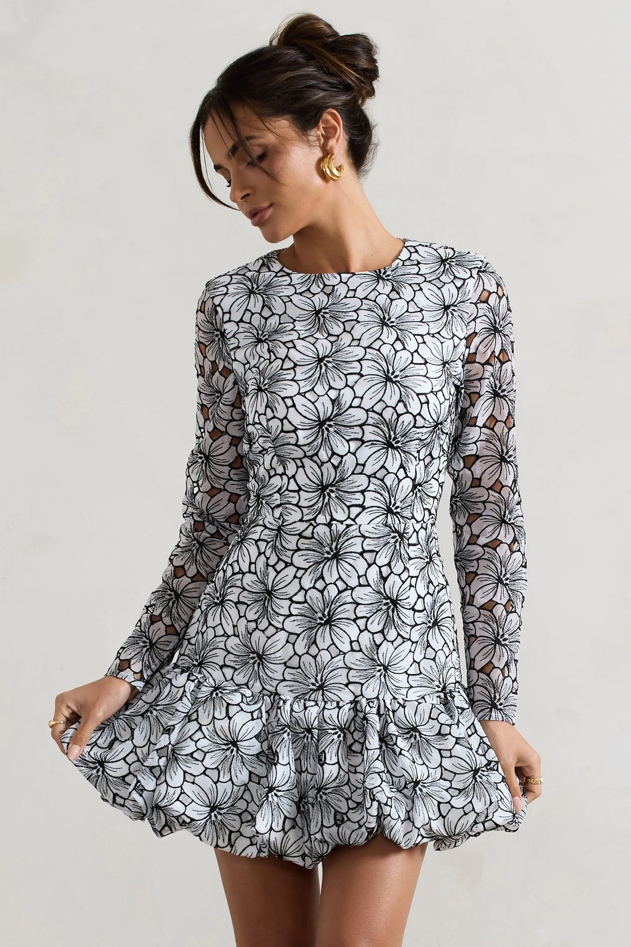 Claribel | Black & White Lace Long-Sleeve Mini Dress With Ruffle Hem sold by Club L London product image thumbnail 5