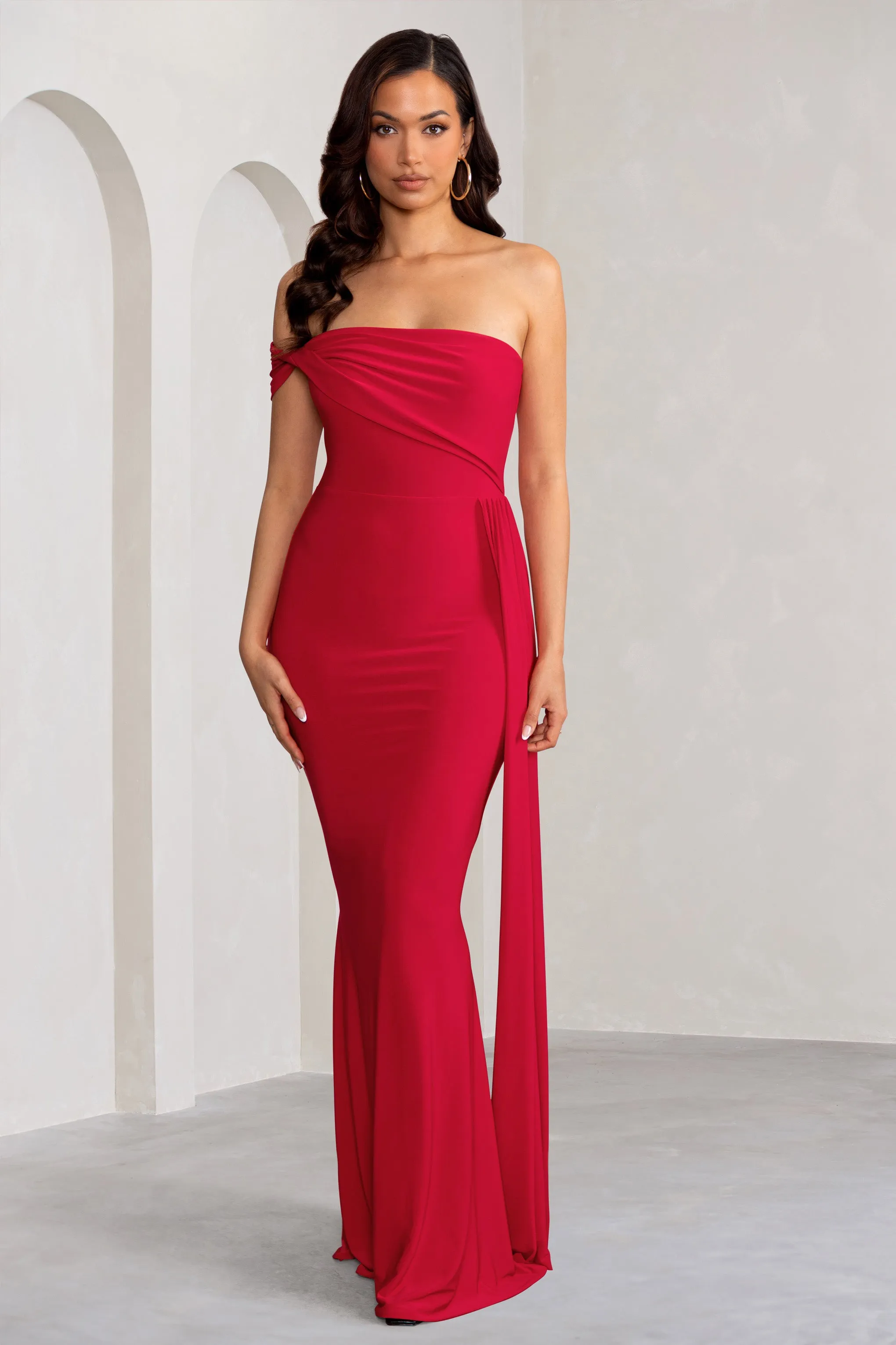 Aaliyah | Red Asymmetric Bardot Maxi Dress with Drape sold by Club L London product image thumbnail 4