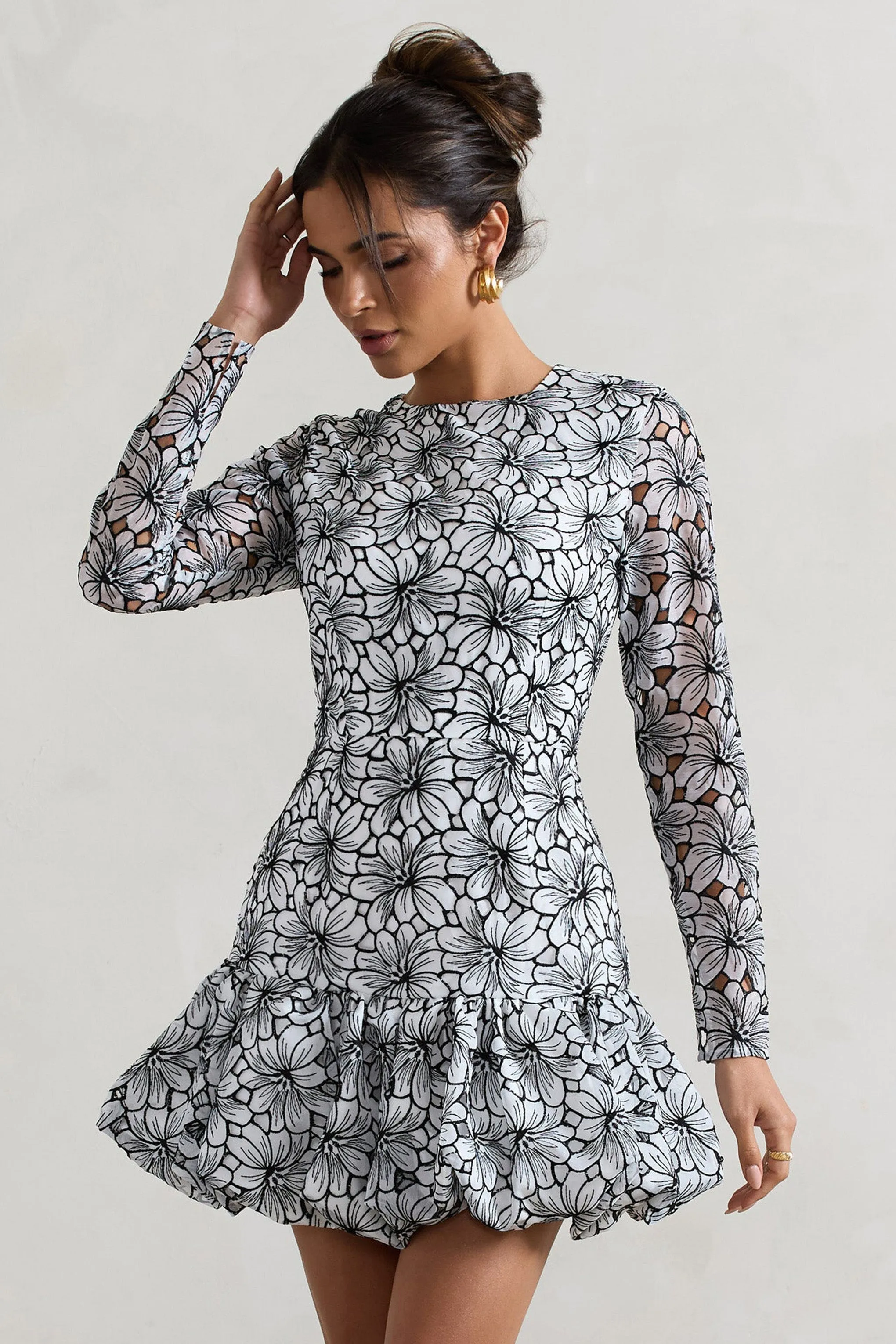 Claribel | Black & White Lace Long-Sleeve Mini Dress With Ruffle Hem sold by Club L London product image thumbnail 2