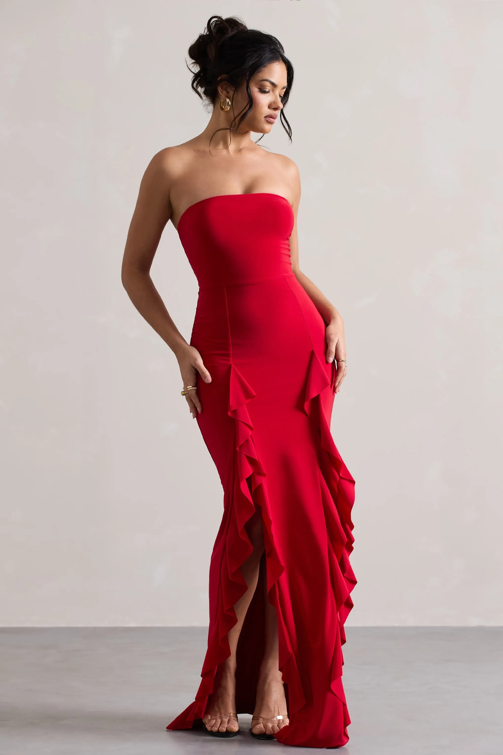 Susan | Red Bandeau Maxi Dress With Ruffled Splits sold by Club L London product image thumbnail 5
