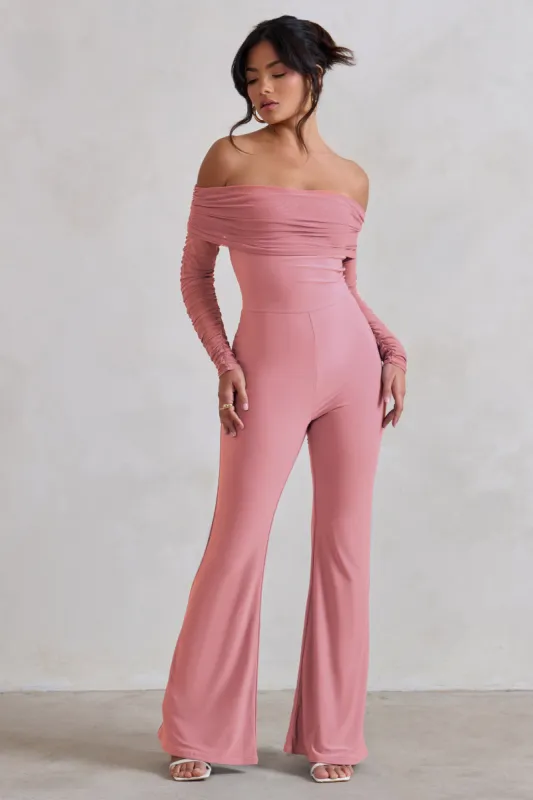 Whisper | Powder Pink Ruched Mesh Bardot Jumpsuit sold by Club L London