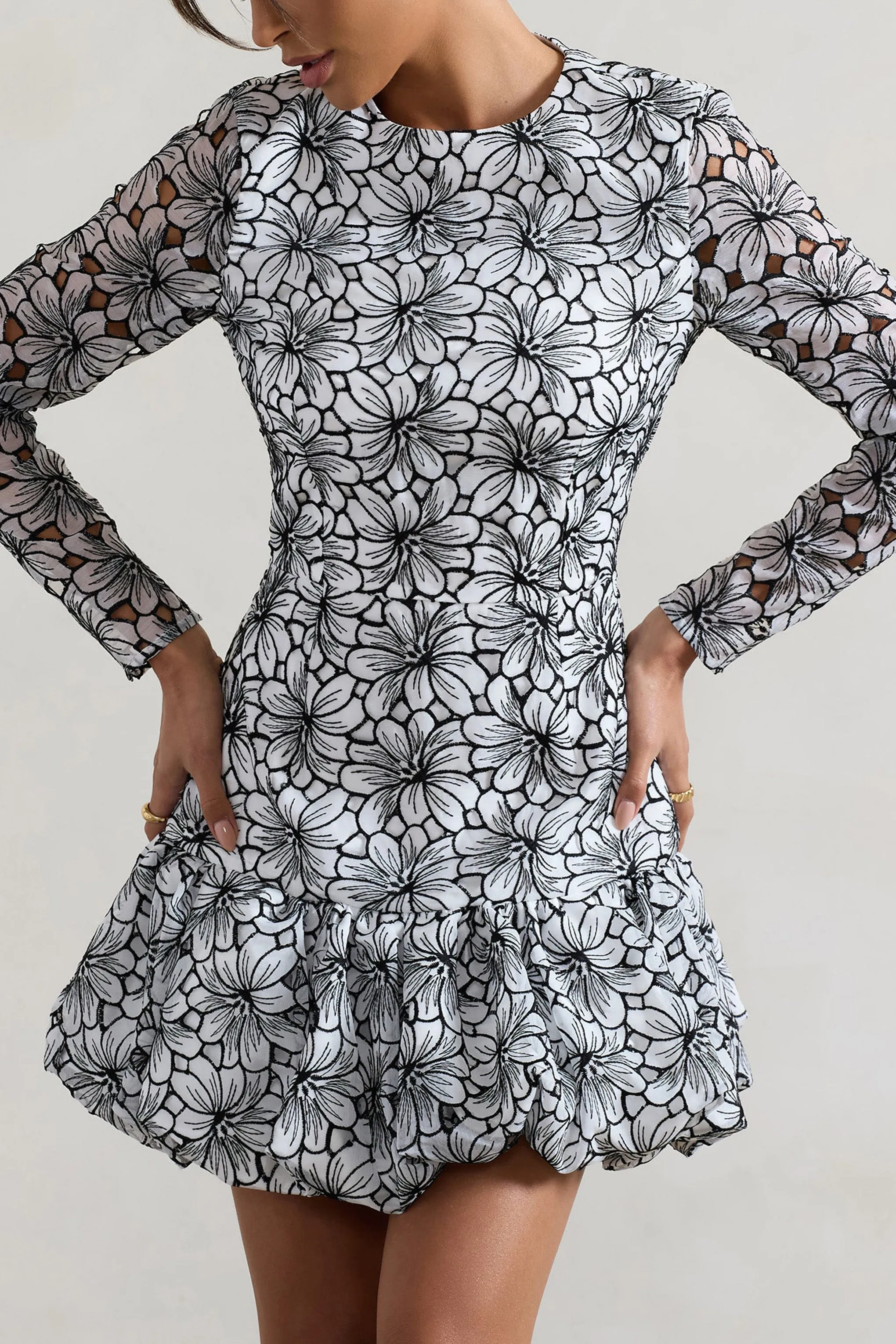 Claribel | Black & White Lace Long-Sleeve Mini Dress With Ruffle Hem sold by Club L London product image thumbnail 4