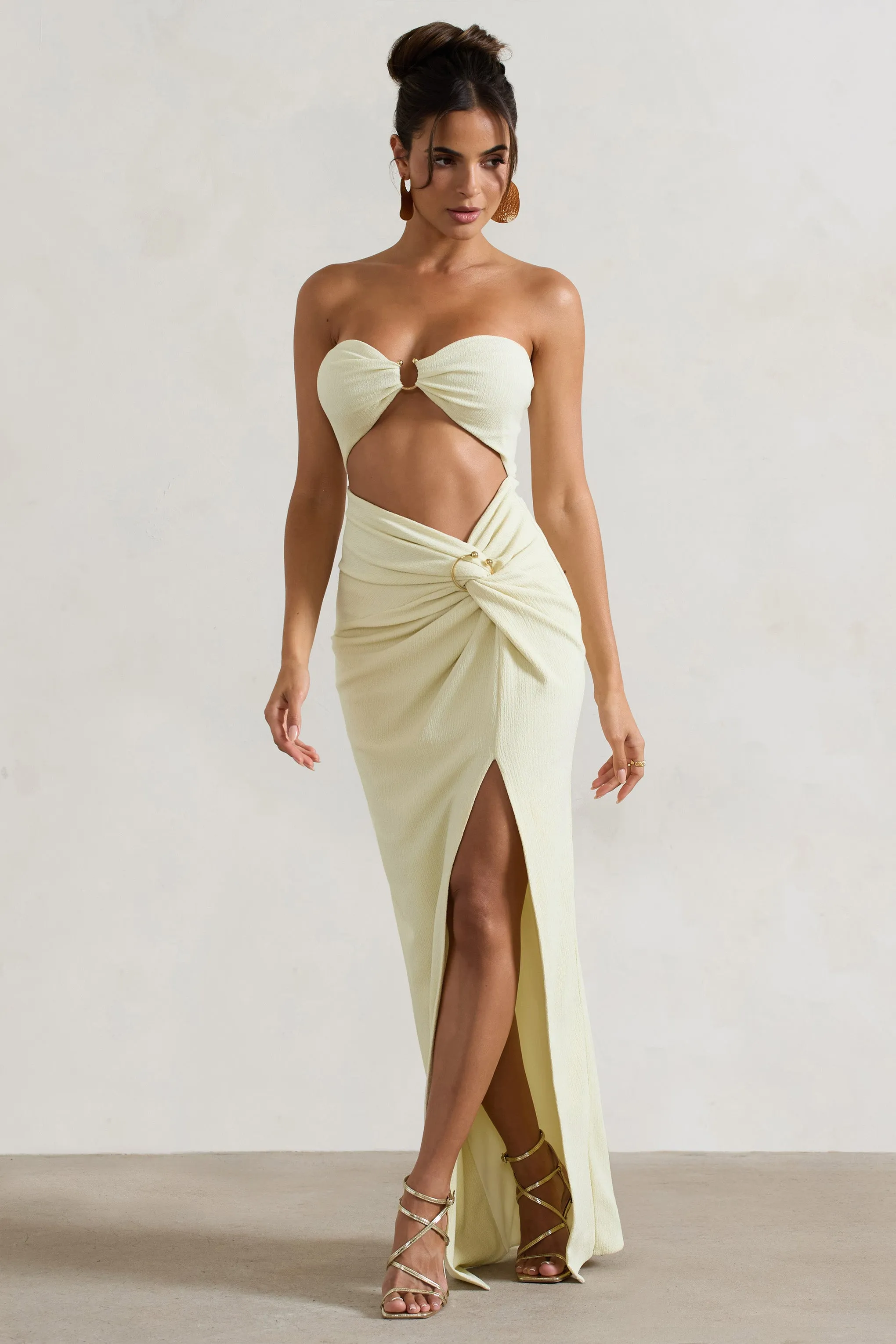 Cancun | Ecru Crinkle Strapless Cut-Out Maxi Dress With Twist sold by Club L London product image thumbnail 4