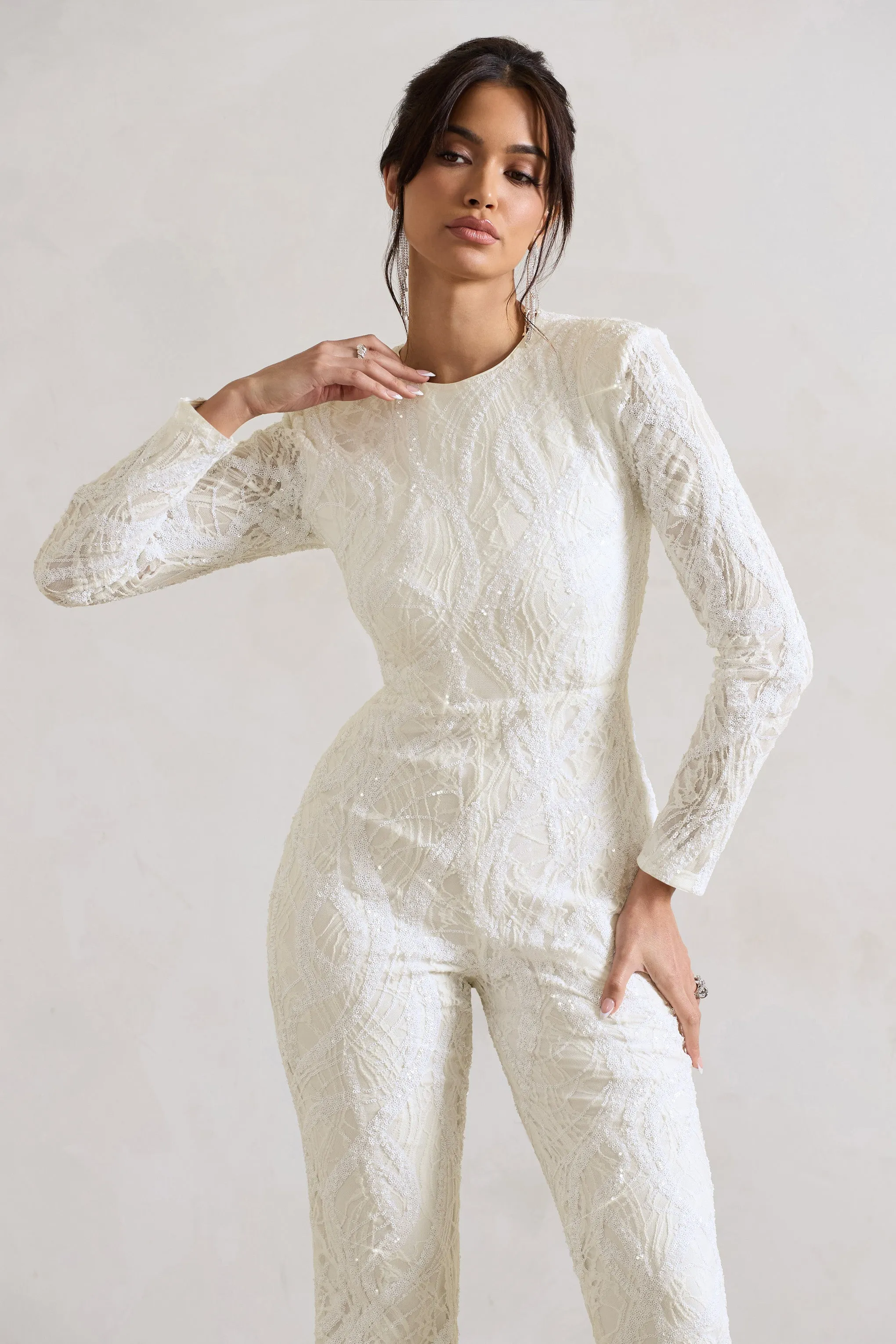 Vesper | White Sequin Wide-Leg Jumpsuit sold by Club L London product image thumbnail 3