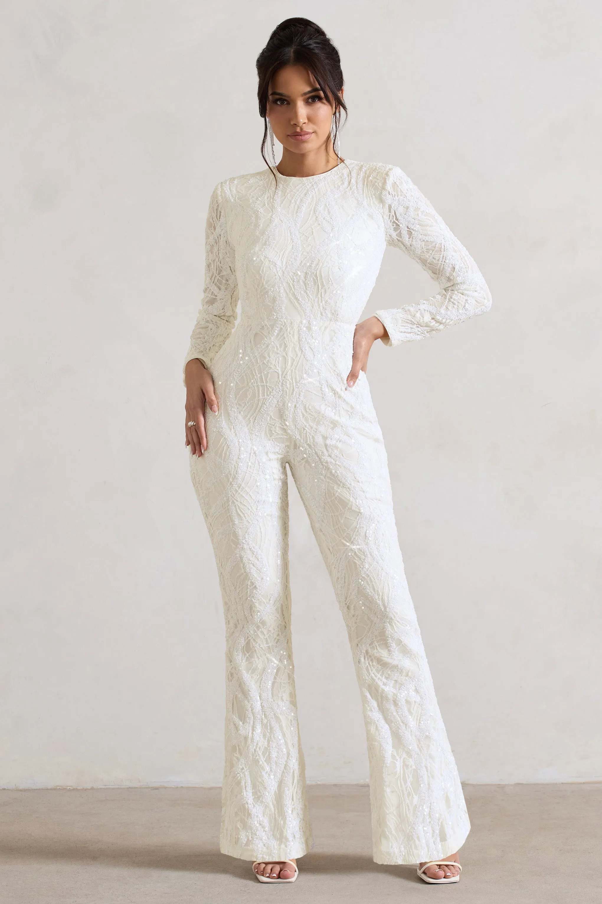 Vesper | White Sequin Wide-Leg Jumpsuit sold by Club L London product image thumbnail 4