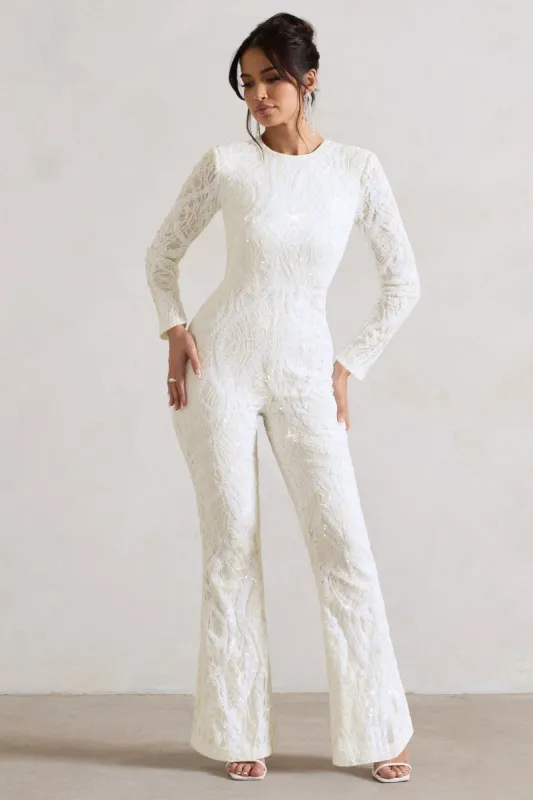 Vesper | White Sequin Wide-Leg Jumpsuit sold by Club L London
