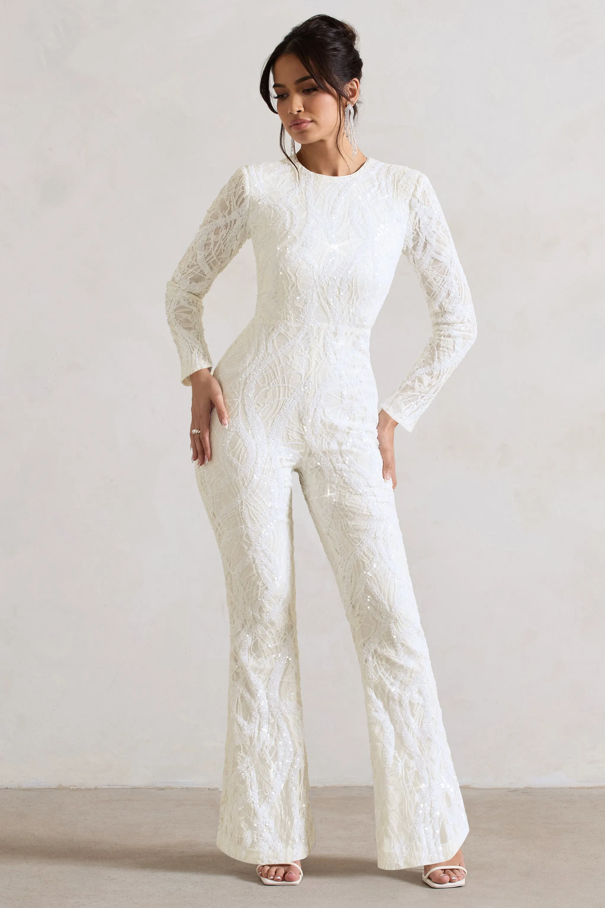 Vesper | White Sequin Wide-Leg Jumpsuit sold by Club L London