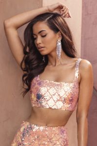 Sent From Heaven | Pink Iridescent Geometric Sequin Crop Top sold by Club L London