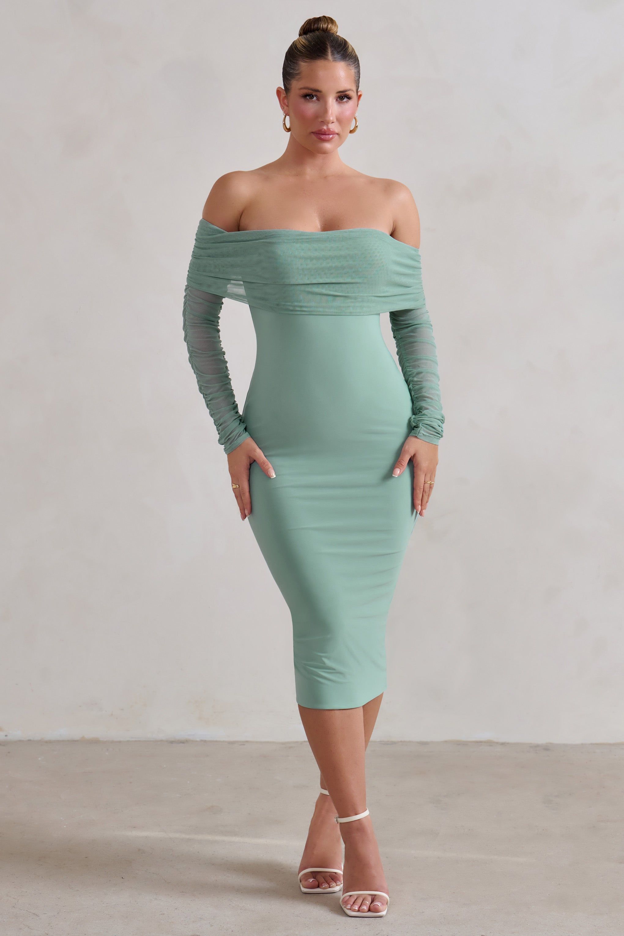 Only You | Sage Ruched Mesh Bardot Midi Dress sold by Club L London