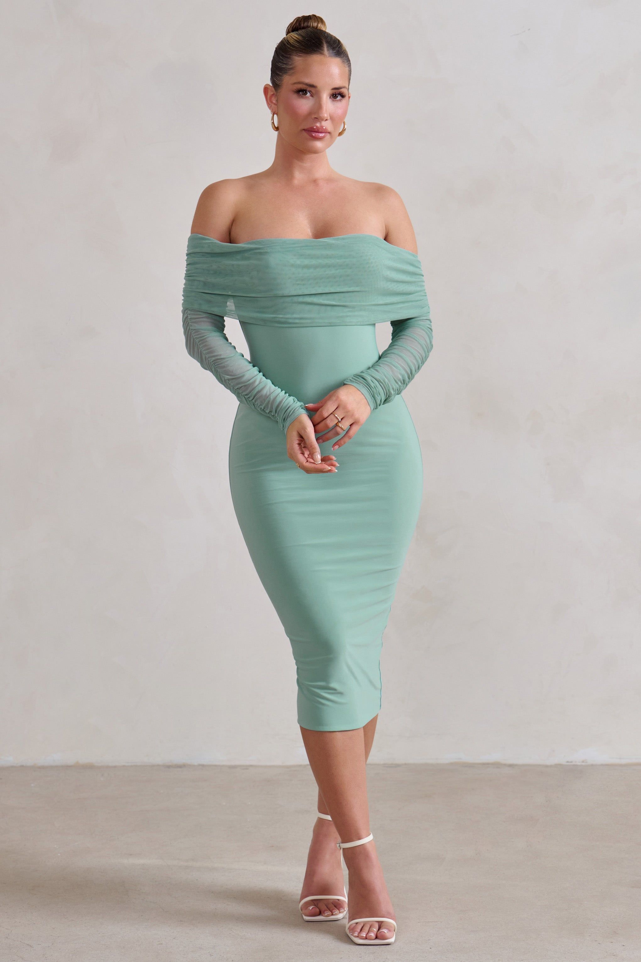 Only You | Sage Ruched Mesh Bardot Midi Dress sold by Club L London product image thumbnail 4