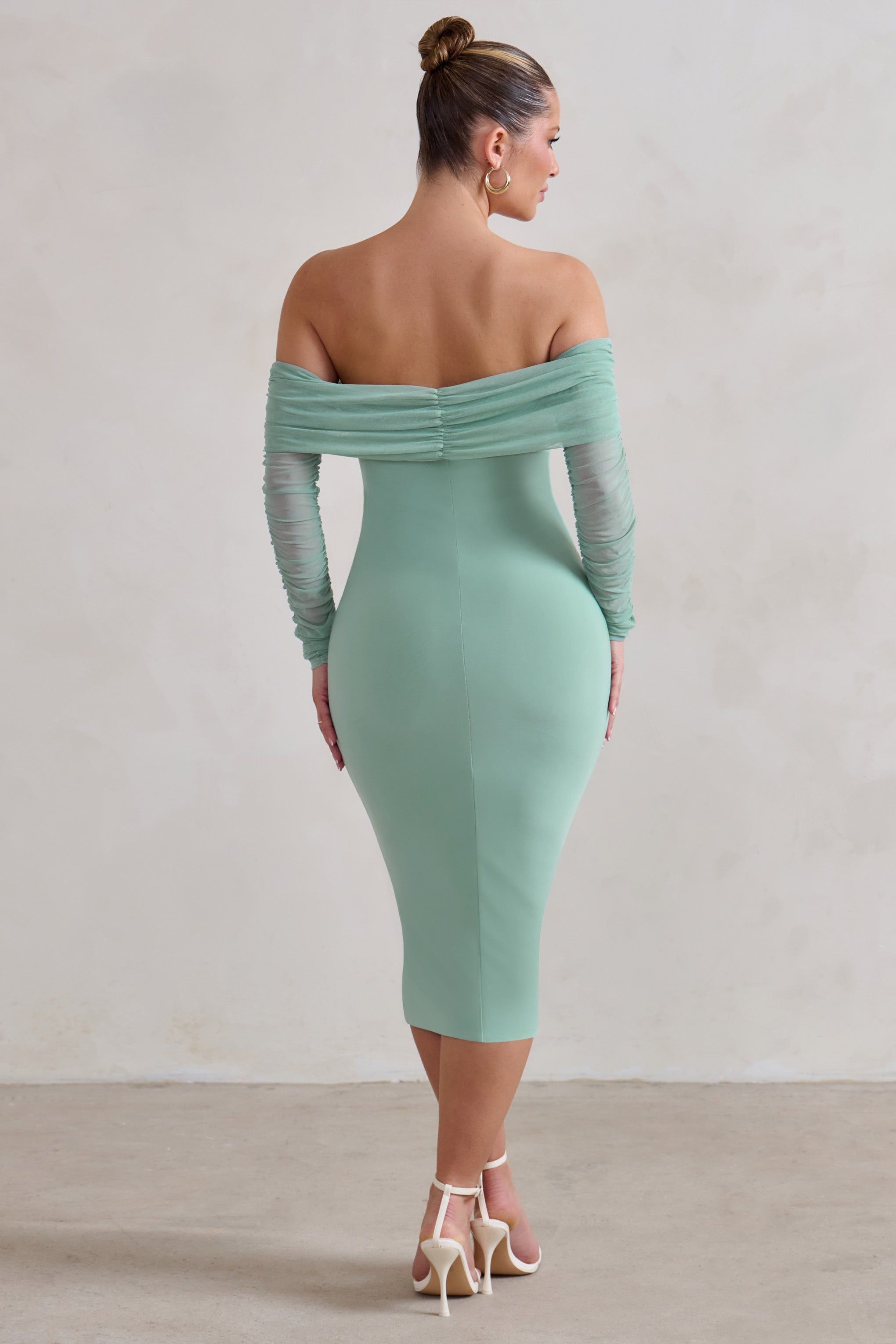 Only You | Sage Ruched Mesh Bardot Midi Dress sold by Club L London product image thumbnail 2