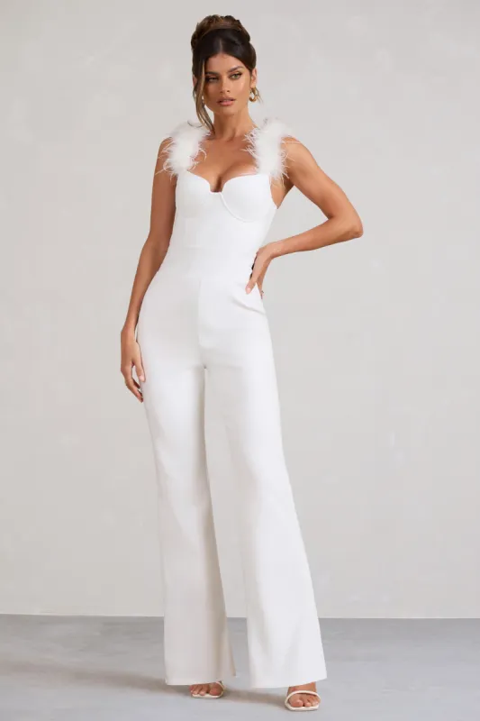 Verity | White Feather Shoulder Corset Style Jumpsuit sold by Club L London