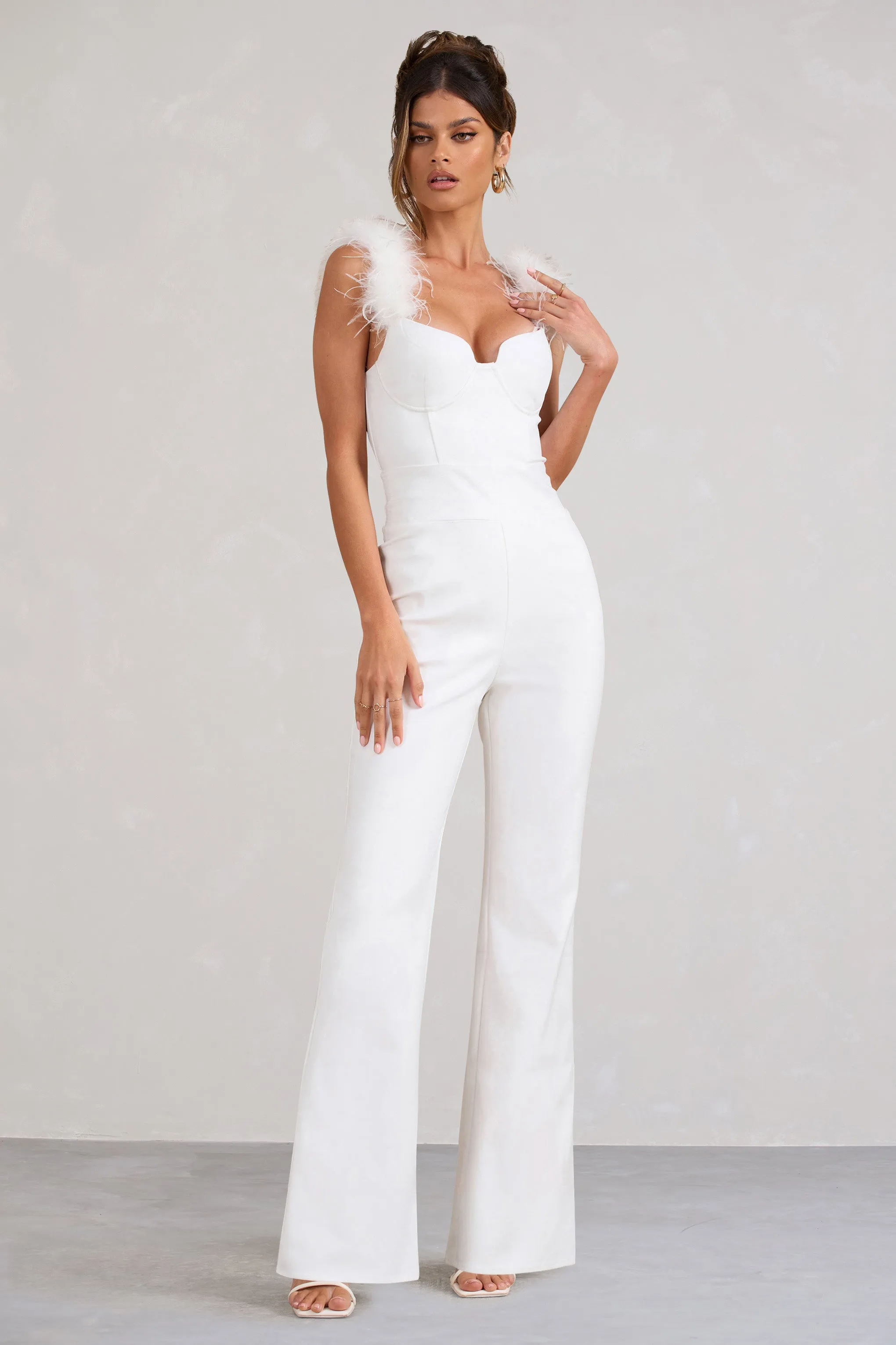 Verity | White Feather Shoulder Corset Style Jumpsuit sold by Club L London product image thumbnail 4
