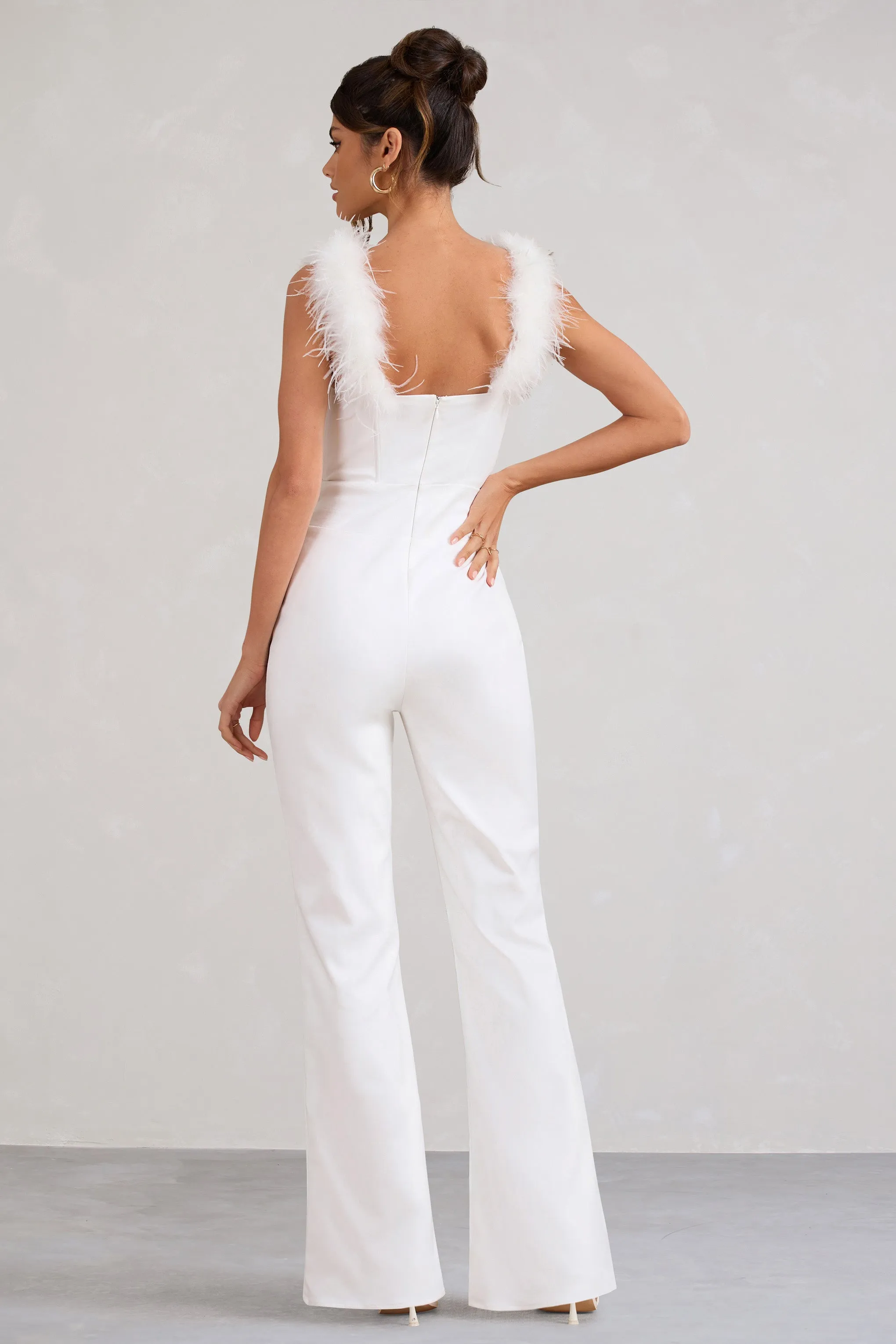 Verity | White Feather Shoulder Corset Style Jumpsuit sold by Club L London product image thumbnail 3